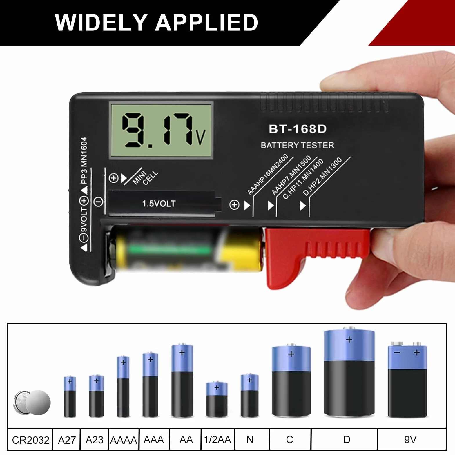 Comprobador de Pilas y Baterías Universal Digital BT-168D para Pantalla LCD, Medidor de Carga Pilas AA AAA C D 9V 1,5V y Pilas de Botón, Battery Tester Compacto y Portátil para Uso Doméstico