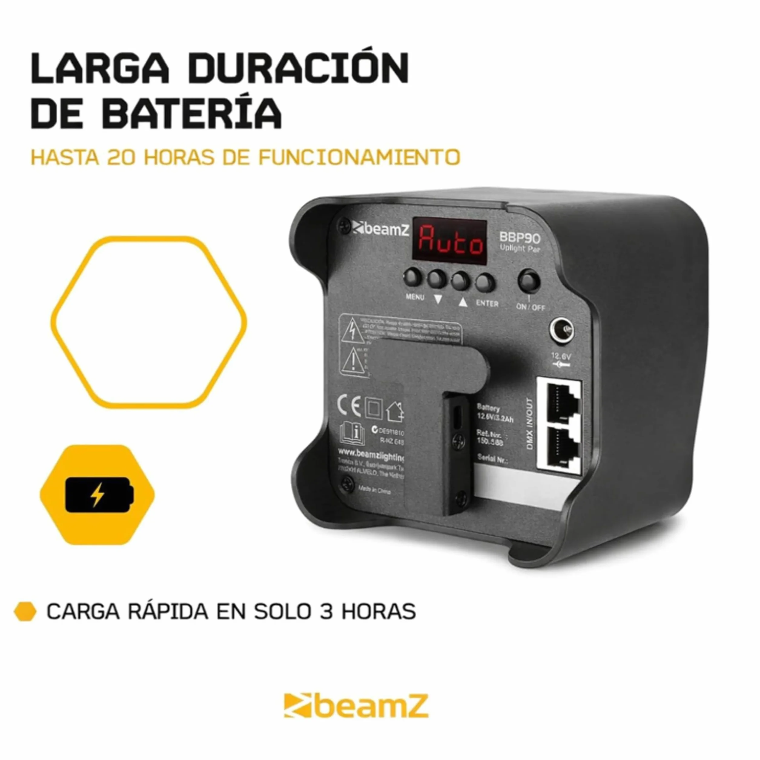 BeamZ BBP90 – Pack 4 unidades – 4 Foco Par Led batería 4 x 4W RGB-UV, mando IR, DMX 7ch RJ45 con adaptador XLR, 1077 lx, 24°, dimmer 16bit, estrobo 1–22Hz, hasta 20h, recarga 3h, IP20, color negro