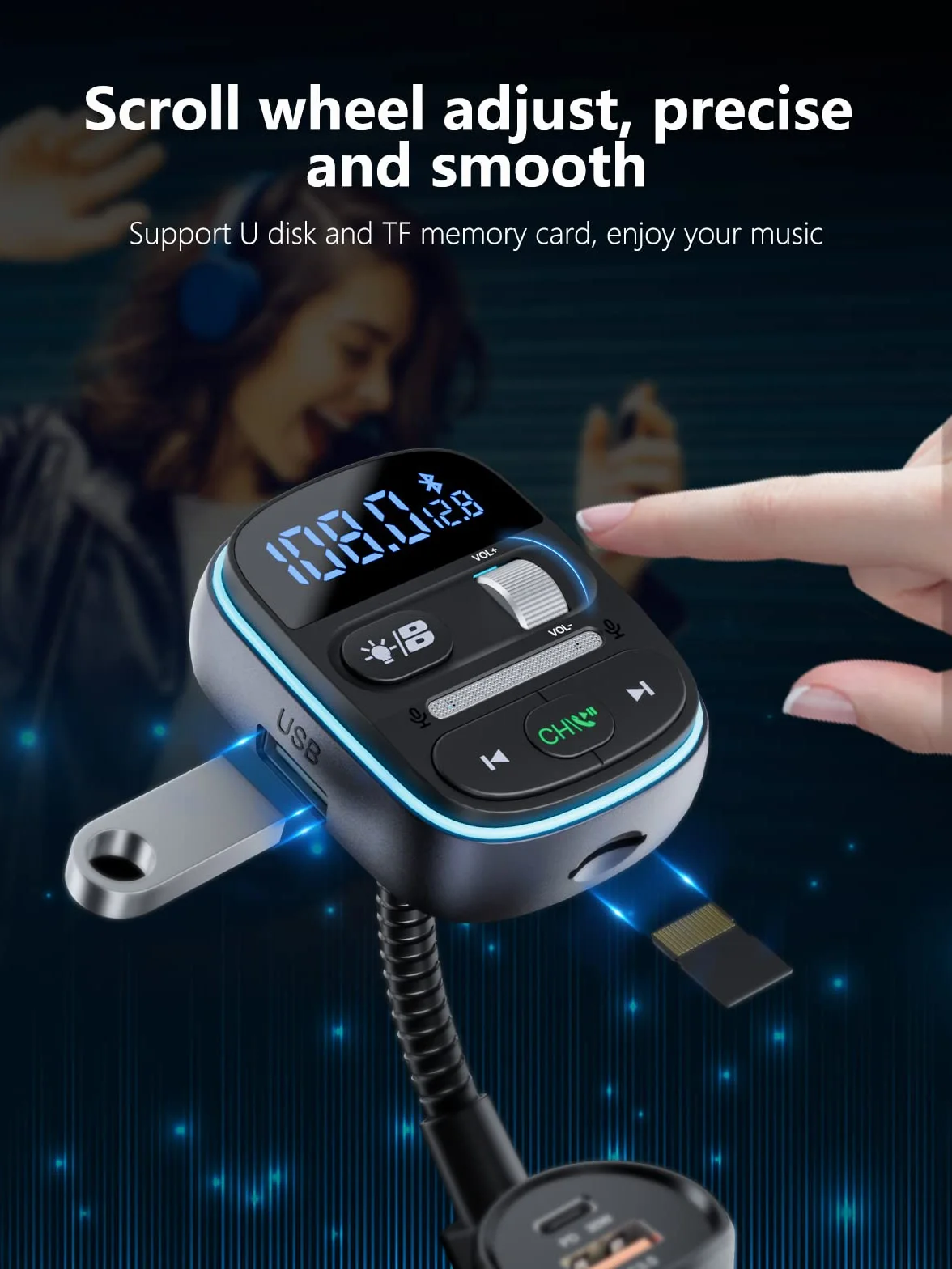 LENCENT Transmisor FM Bluetooth 5.0 para Coche, Adaptador Radio Carga Rápida PD 30W QC3.0, Manos Libres, Reproductor MP3 USB TF