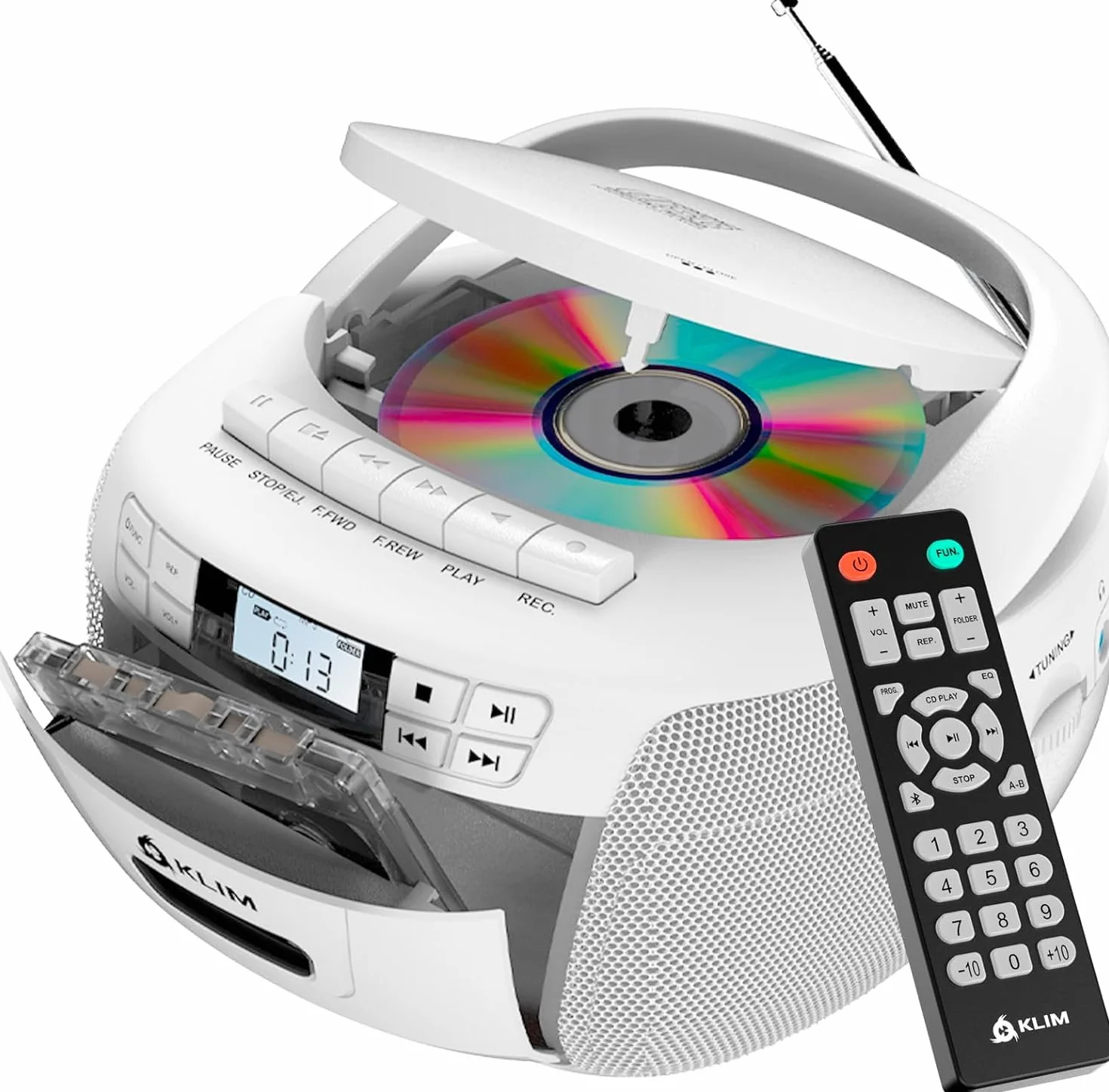 Reproductor CD Cassette KLIM con Radio AM/FM y Bluetooth, USB, AUX, Grabación en Cinta, Control Remoto - Blanco