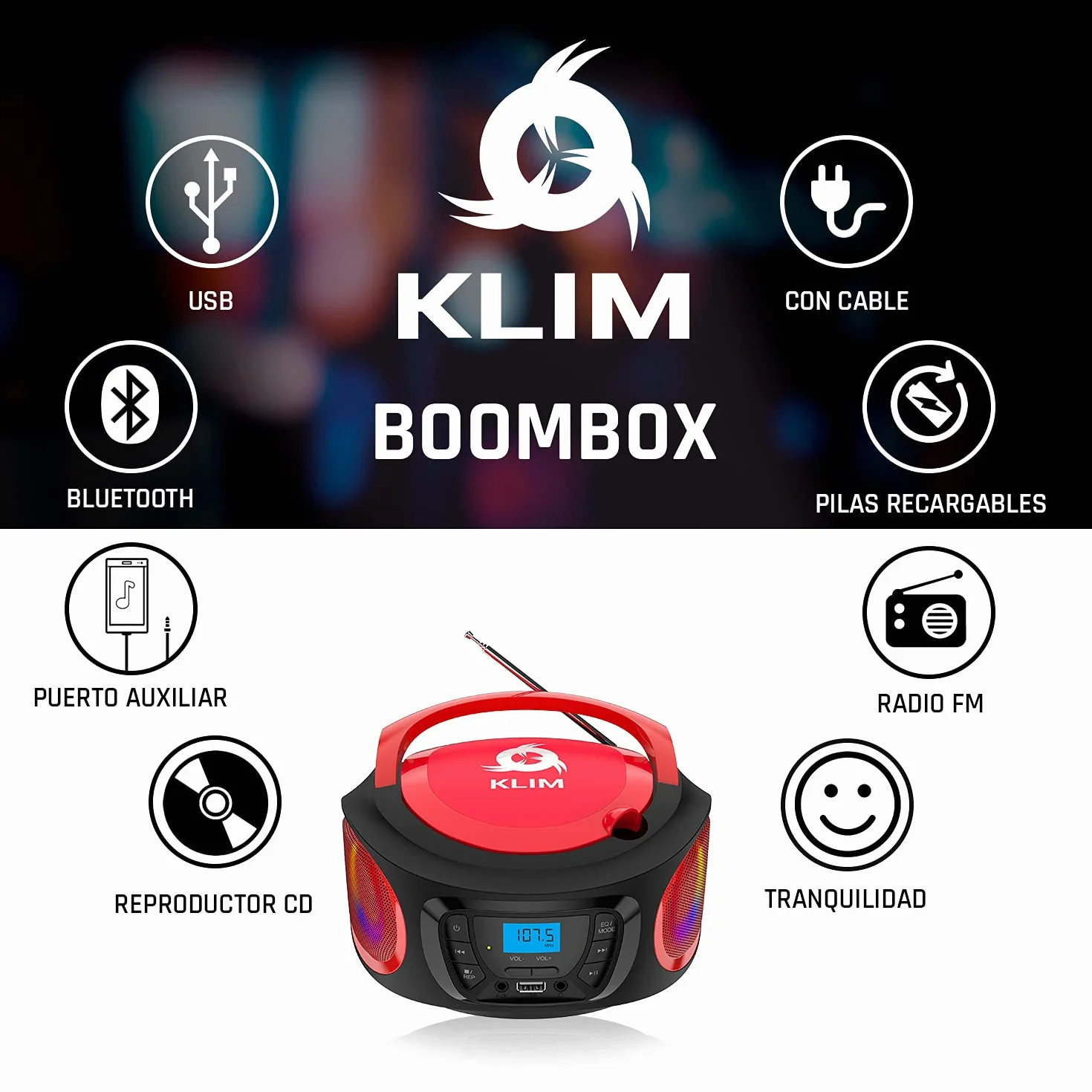 KLIM Boombox Radio CD Portátil Bluetooth MP3 USB AUX FM Reproductor Pilas Recargables Rojo