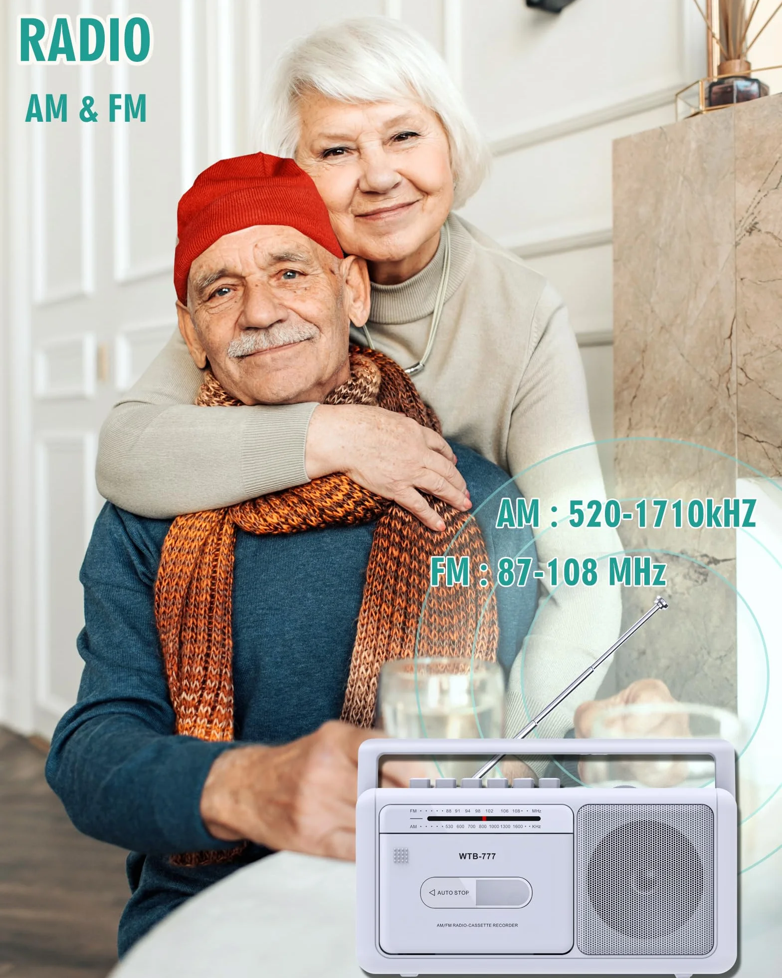 Reproductor de Casete Portátil, Radio estéreo Am/FM con Bluetooth, USB, Conector para Auriculares, Grabador de Casete portátil para casa o al Aire Libre