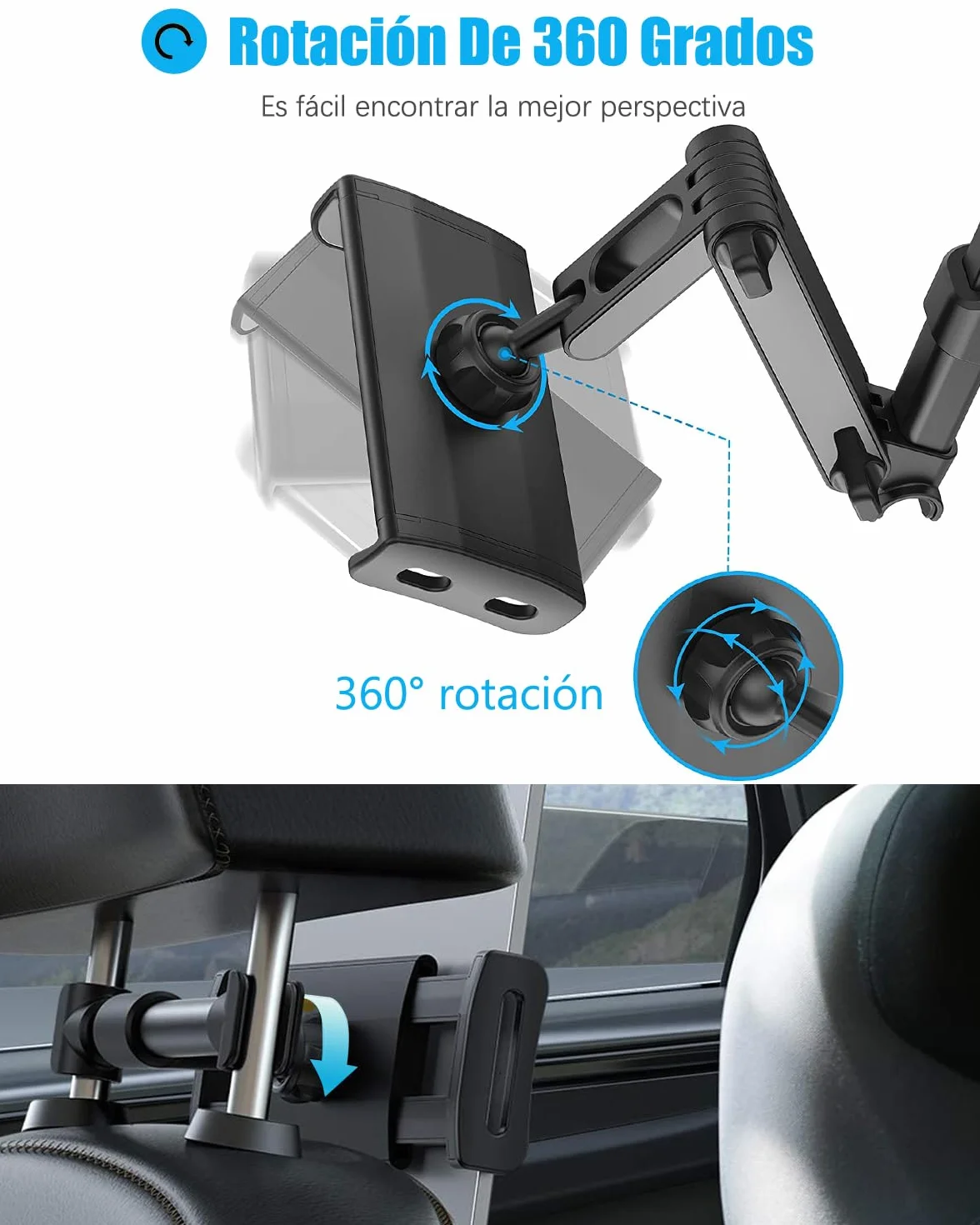 Soporte Tablet Coche,Soporte Reposacabezas Asiento Trasero para automóvil 360°Rotación Soporte de Montaje Extensible para iPad Air Mini 2 3 4,Pad 2018 Pro 9.7,10.5, Tableta de 4.4-13.6 Pulgada