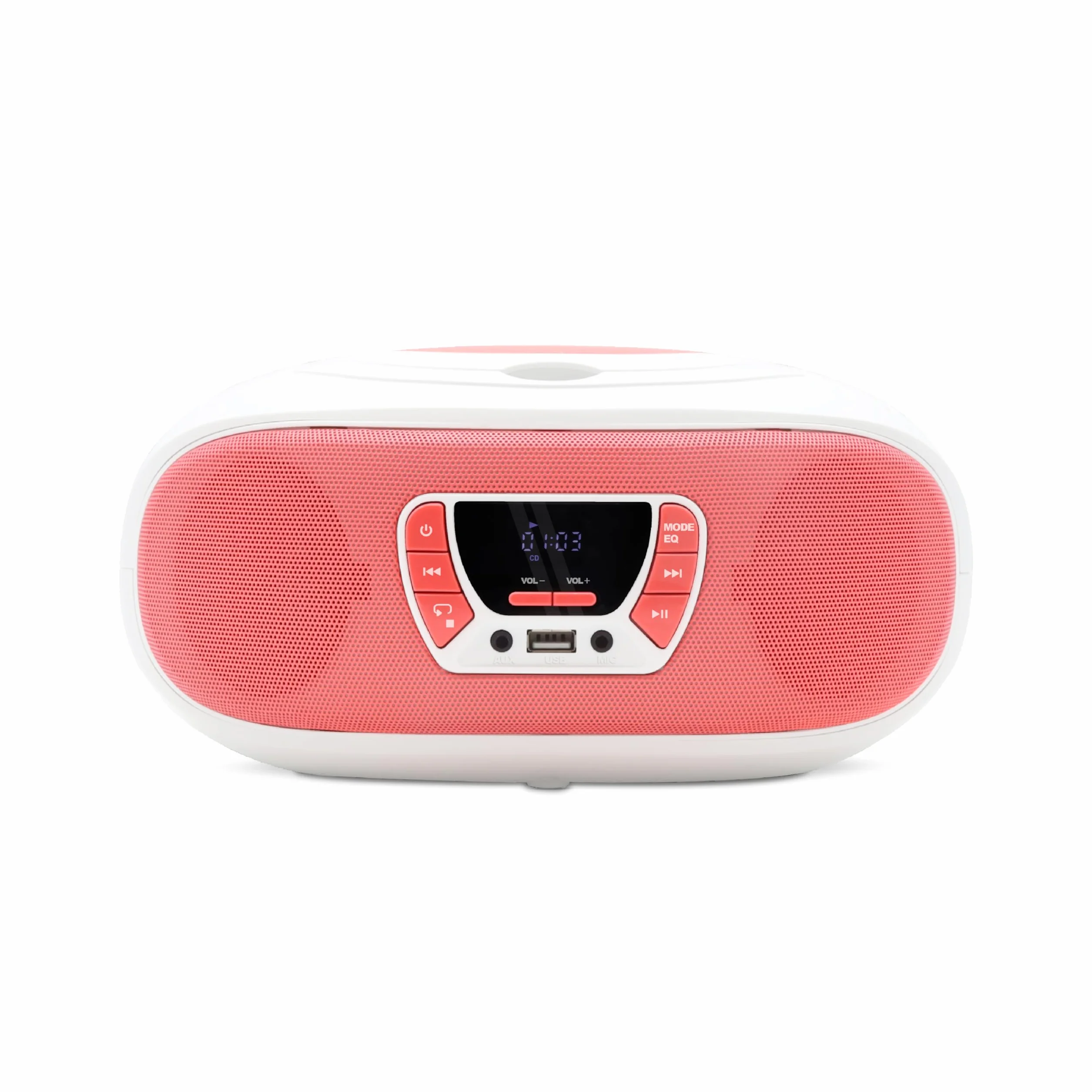 Mooov 477409 - Radio CD FM, Efectos Luminosos, función inalámbrica, USB, Pantalla LED, función Karaoke con Micro AUX-IN, Blanco y Rosa