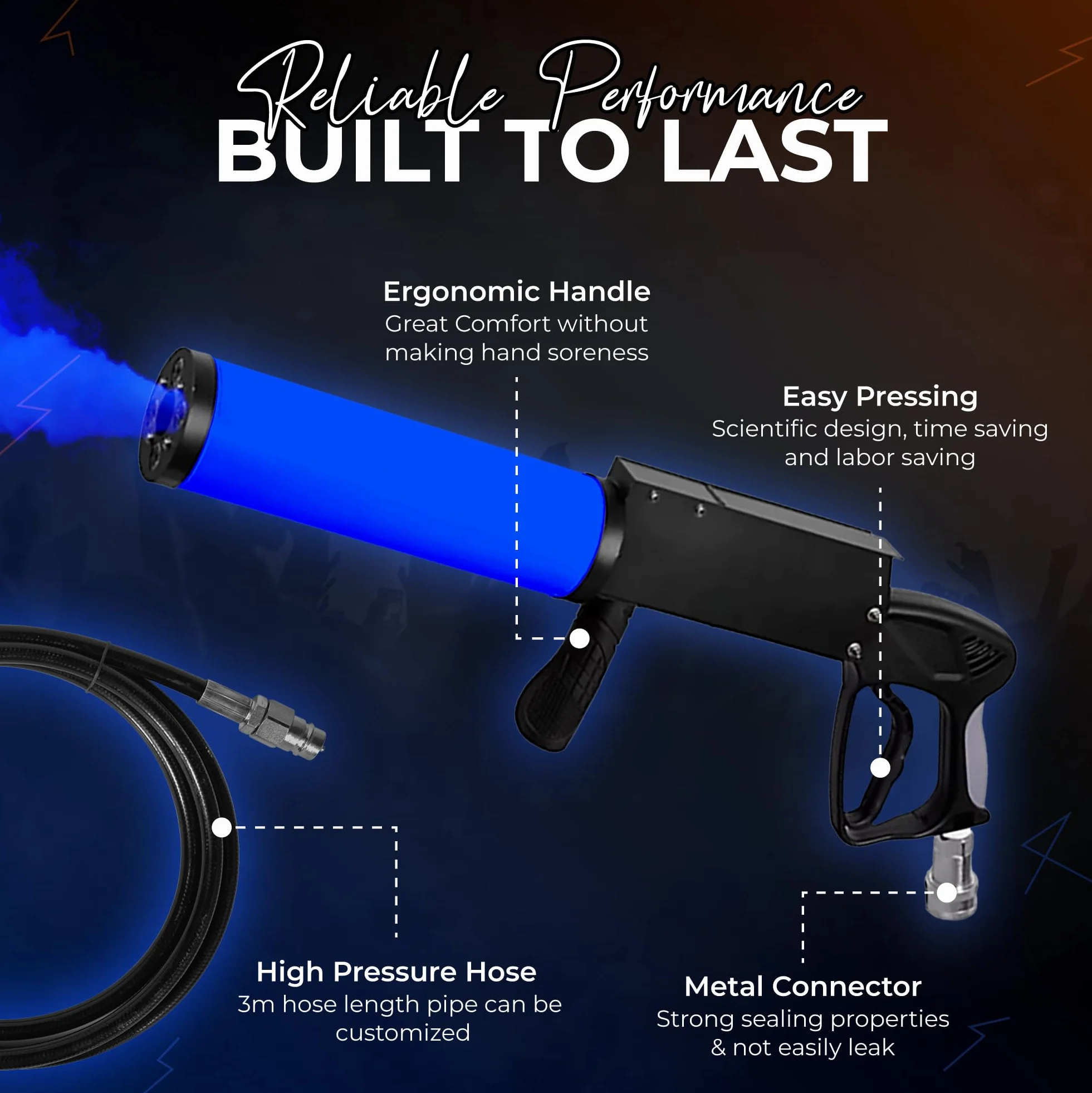Arma de fiesta de CO2 con alcance de 6 m, cable de 3 m + tubo de salida sin escarcha, pistola de CO2 de alta calidad, adecuada para DJ Club Stage Stage, máquina de chorro (pistola LED)