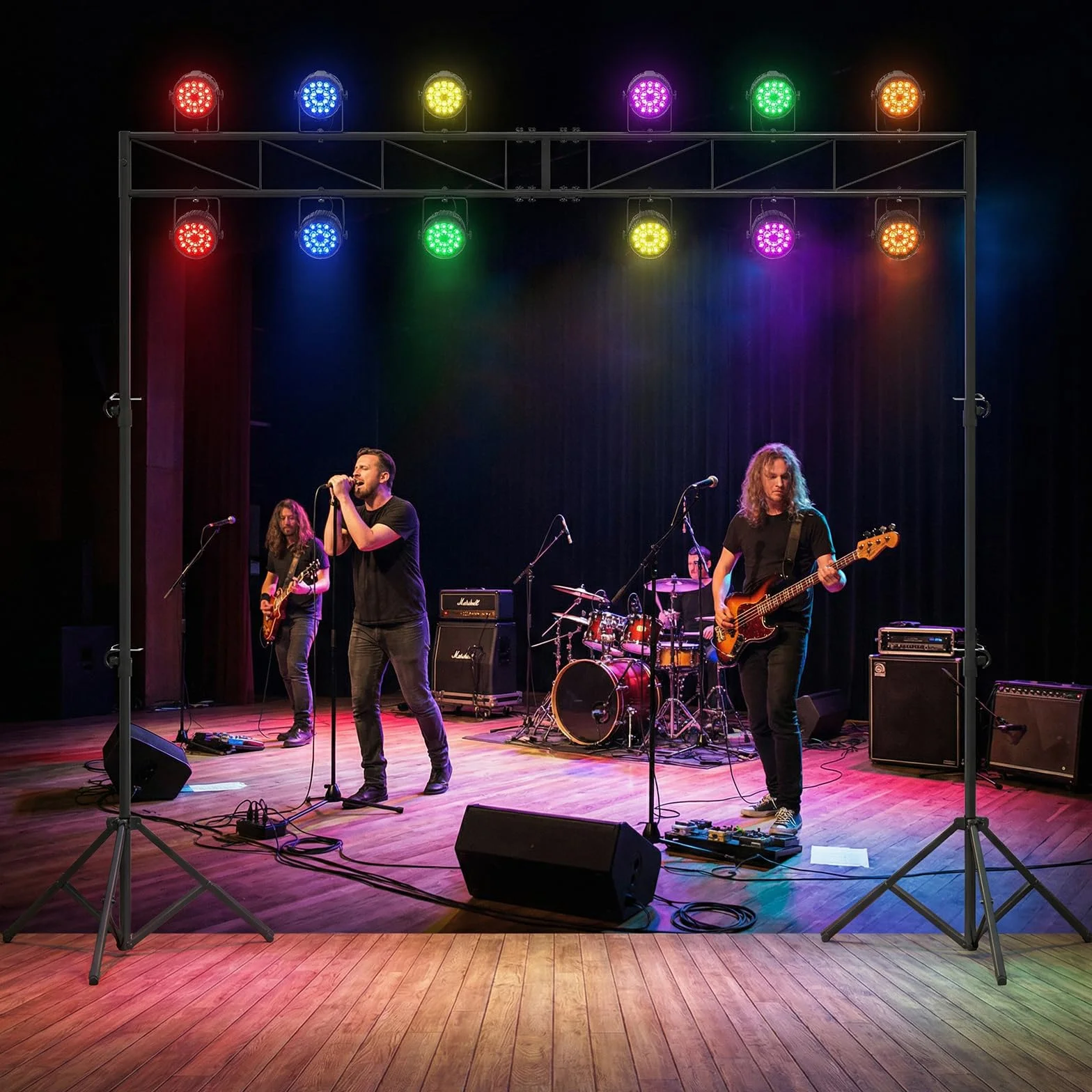 COSTWAY Soporte de Luz para DJ, Soporte de Truss Iluminación de Metal con Altura Ajustable en 140-265 cm, 2 Trípodes Plegables, 12 Puntos de Agarre, Soporte 50 kg, para Conciertos, Escenarios y Bodas