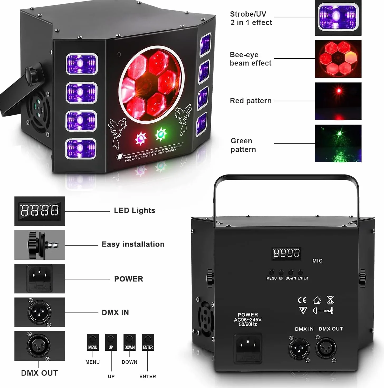 Luce discoteca 100 W, luz de fiesta, ojo de abeja, luz de flash UV, DMX de 14 canales con control de voz, mando a distancia, adecuado para bodas, fiestas de cumpleaños, Halloween, eventos de bar