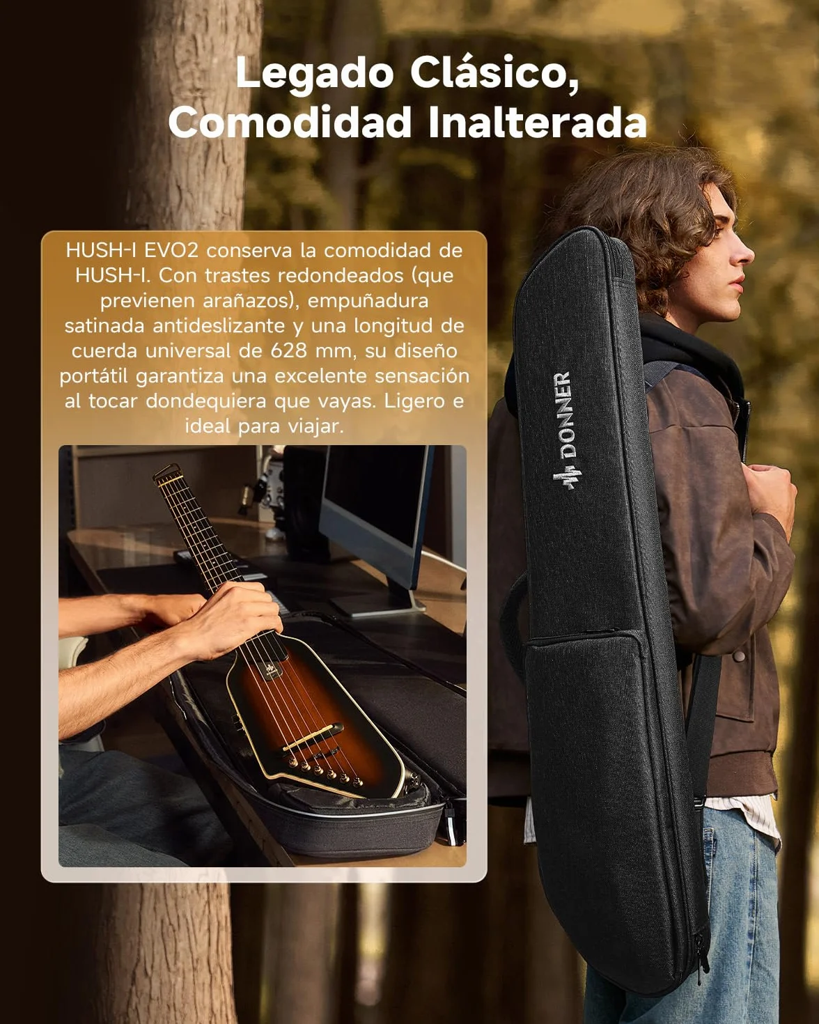 Donner HUSH I EVO2 Guitarra Acústica-Eléctrica de Viaje, Ultraligera, sin Clavijero, con Afinador Integrado, Soportes Desmontables y Salida para Auriculares – Sunburst