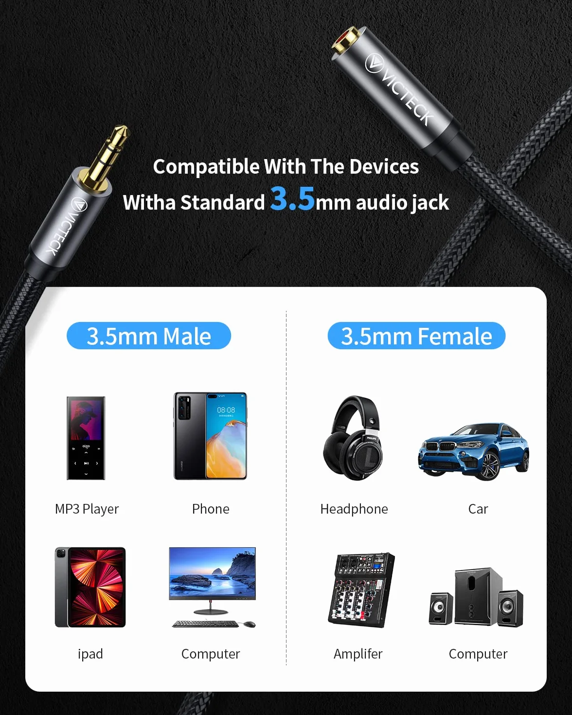 Cable Audio alargador extensión 5M, Nylon Trenzado Jack Audio Estéreo 3,5 mm Macho a Hembra Compatible with Coche Altavoces Auriculares iPhone iPad iPod Samsung MP3 Player (5M)