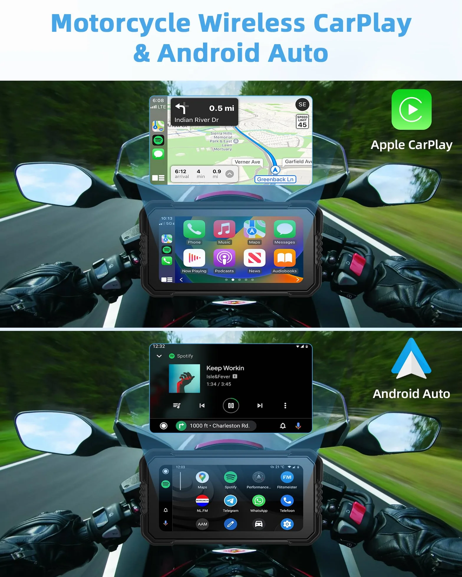 4K Carplay Android Auto 6.25 Pulgadas Pantalla Táctil Dashcam Delantera Trasera GPS IP67 Impermeable Doble Bluetooth Siri Google Assistant