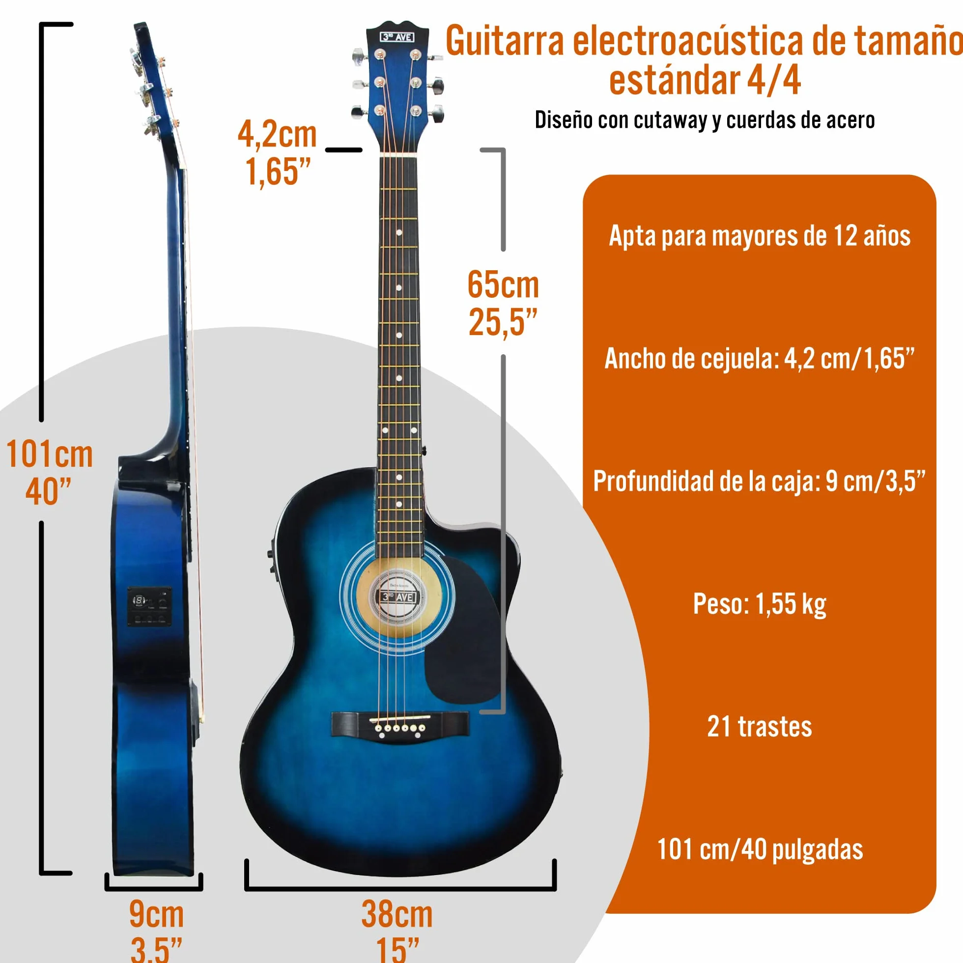 3rd Avenue Pack de guitarra electroacústica con cortadura de tamaño estándar 4/4 para principiantes de 3rd Avenue, afinador integrado y ecualizador, Azul