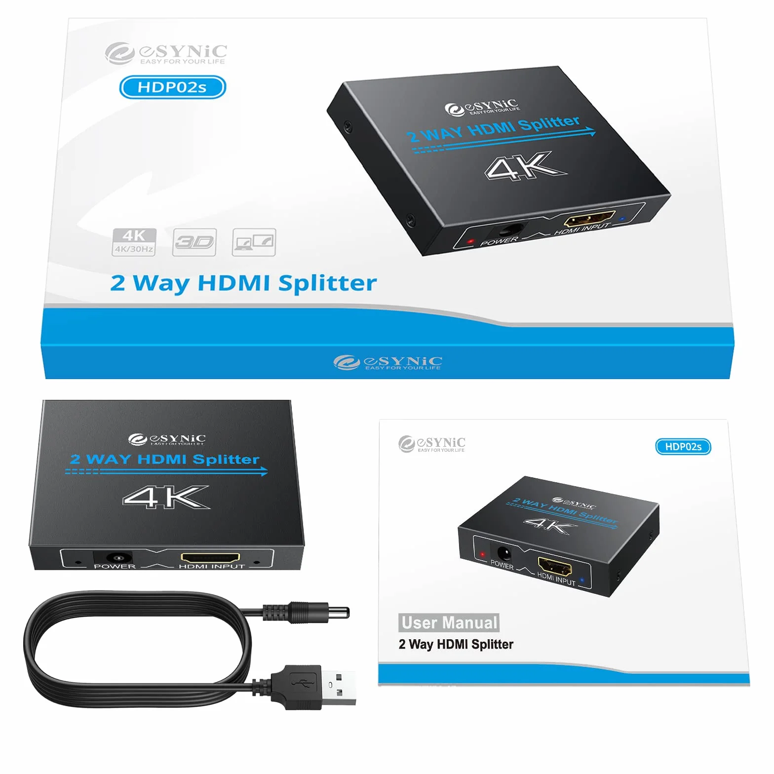 eSynic HDMI Splitter 1x2 4K Divisor 1 Entrada 2 Salidas 1080P 3D 30Hz para TV Monitor Proyector