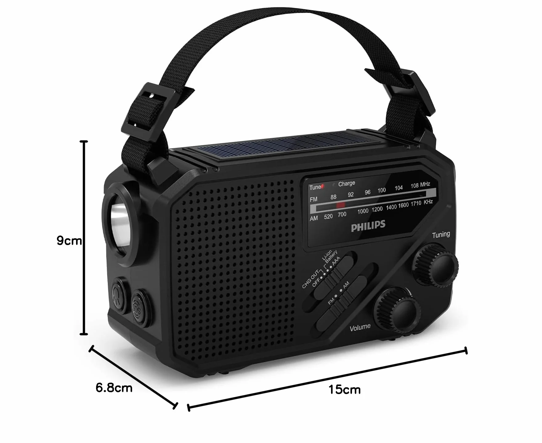 Philips TAR1609: radio portátil FM/AM con batería interna recargable, pilas AAA y manivela de soporte, energía solar, luz LED y linterna integrada para camping, senderismo o SI HAY cortes de corriente