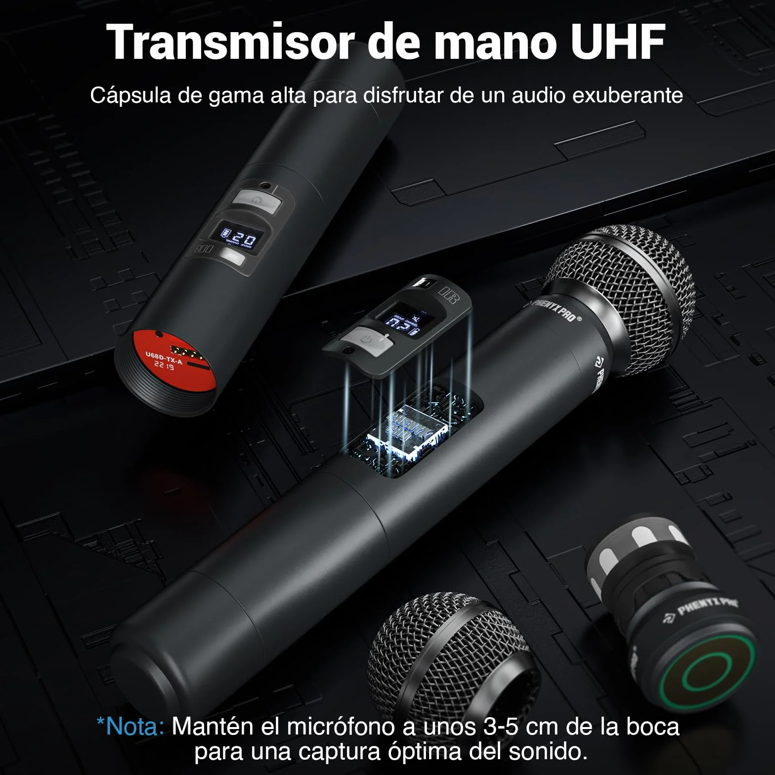 Phenyx Pro Sistema de micrófono inalámbrico Cuatro Canales, con 4x40 Frecuencias UHF, Auto Scan, 328ft de Largo Alcance, 4 micrófono dinámico de Mano para Cantar, Iglesia, Karaoke (PTU-7000-4H)
