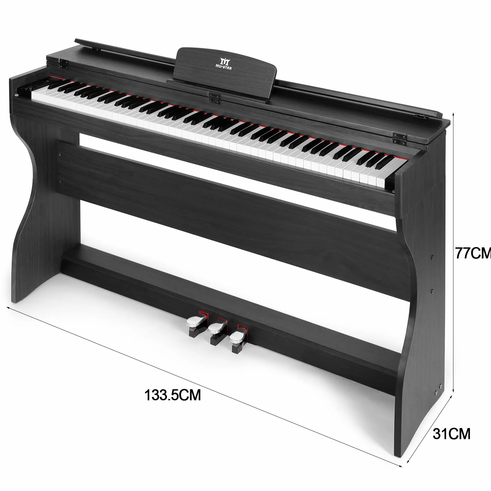 MUSTAR Piano electrónico de 88 teclas con taburete de piano, piano digital, piano eléctrico con soporte para piano, 3 adaptadores de pedales, 2 conectores para auriculares, pantalla LCD, USB/MIDI