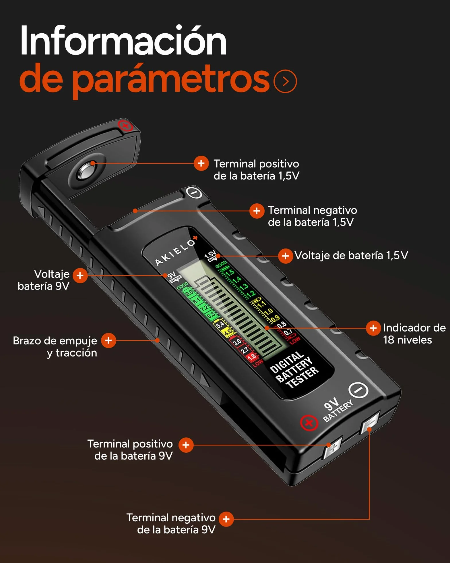 AKIELO+ Comprobador de Pilas Universal Digital – Pantalla LCD de Fácil Lectura – No Requiere Batería – Probador de Pilas Domésticas para AA AAA C D 9V y Pilas de Botón 1,5V