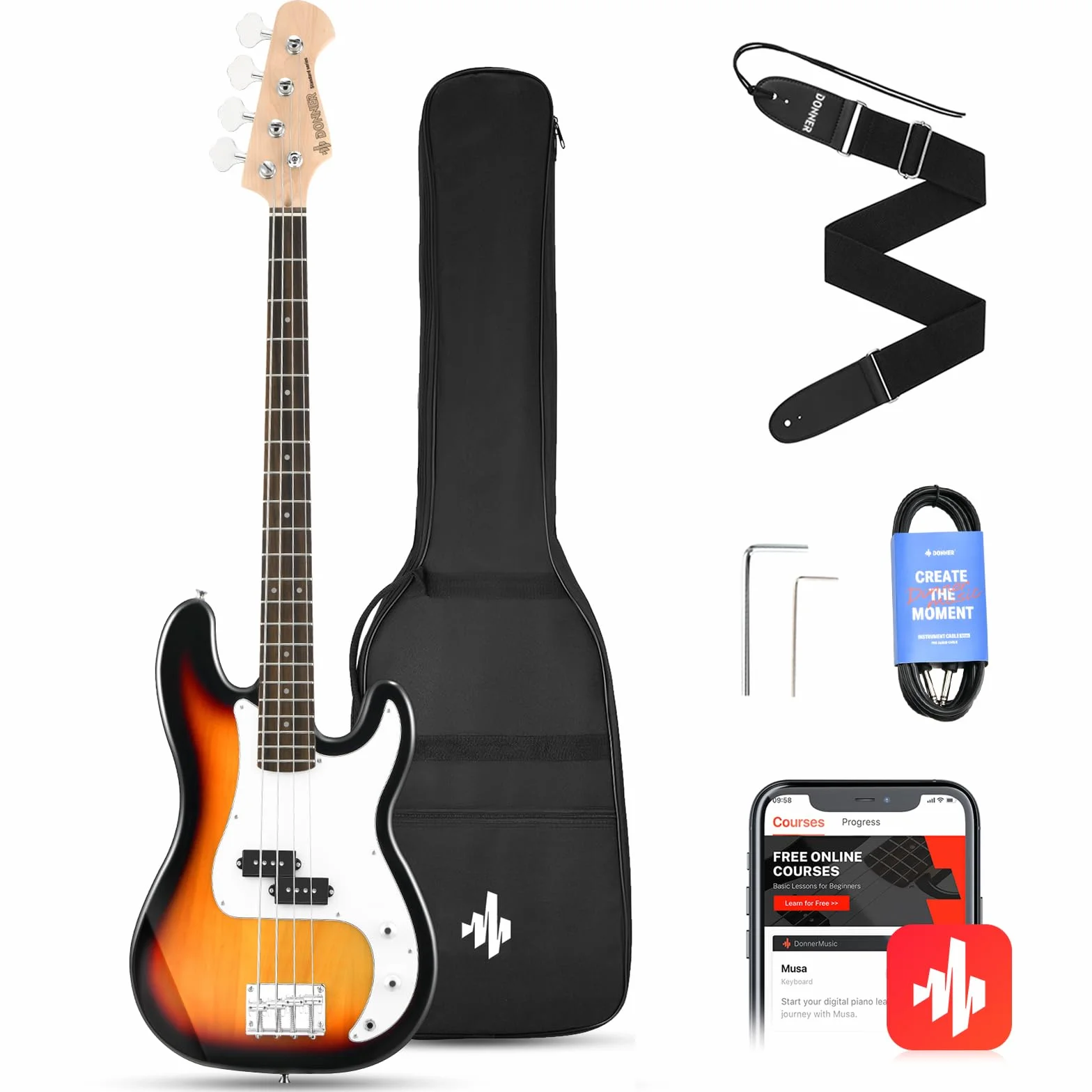Donner 4 cuerdas Bajo Eléctrico Tamaño Completo con bolsa, correa de guitarra y cable de guitarra (Sunburst, DPB-510S)