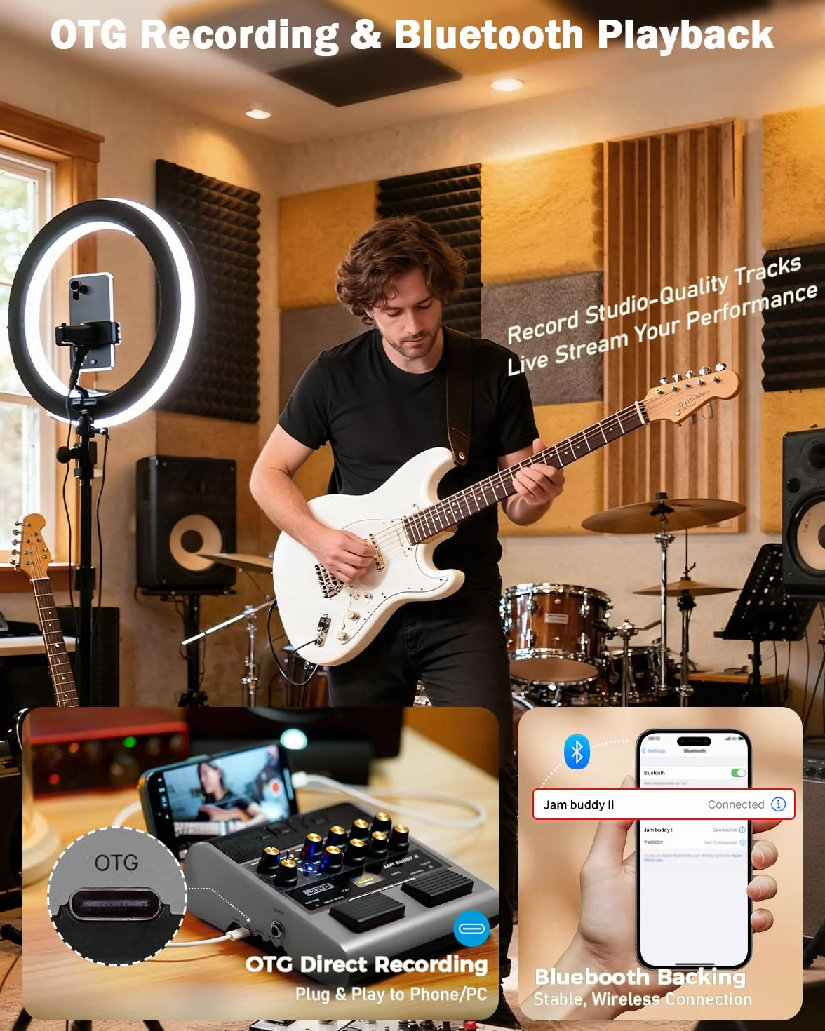 JOYO - Amplificador combinado de guitarra de 10 W portátil con pedal multiefectos – 14 modelos de amplificador, 3 bandas, 36 ritmos & Looper, grabación OTG, Bluetooth (Jam Buddy II, Gris)