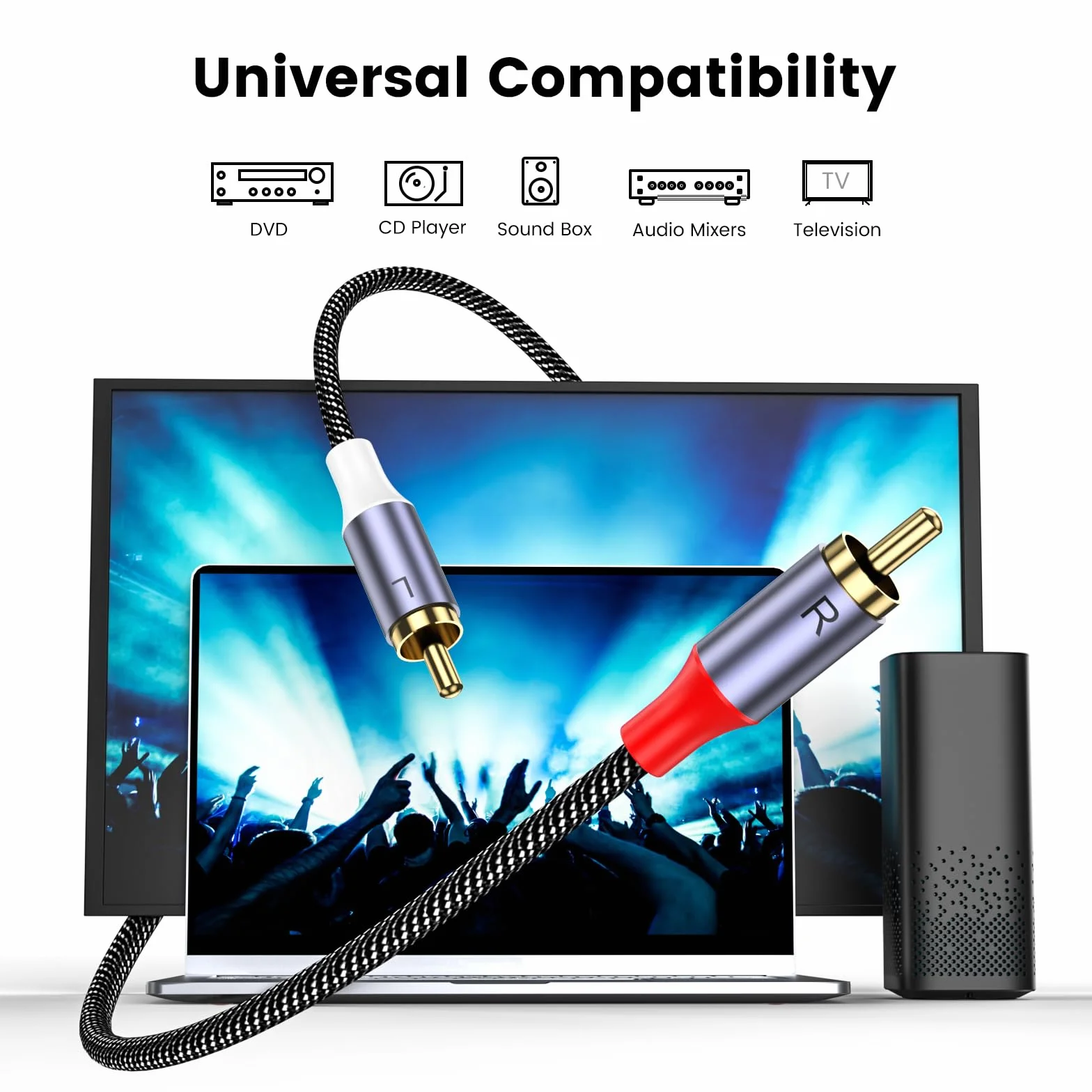 Cable RCA Estéreo Macho a Macho, Audio Auxiliar de 1 m, Nailon Trenzado Chapado en Oro de 24 Quilates para Cine en Casa, HDTV, Subwoofer y Estéreo de Coche