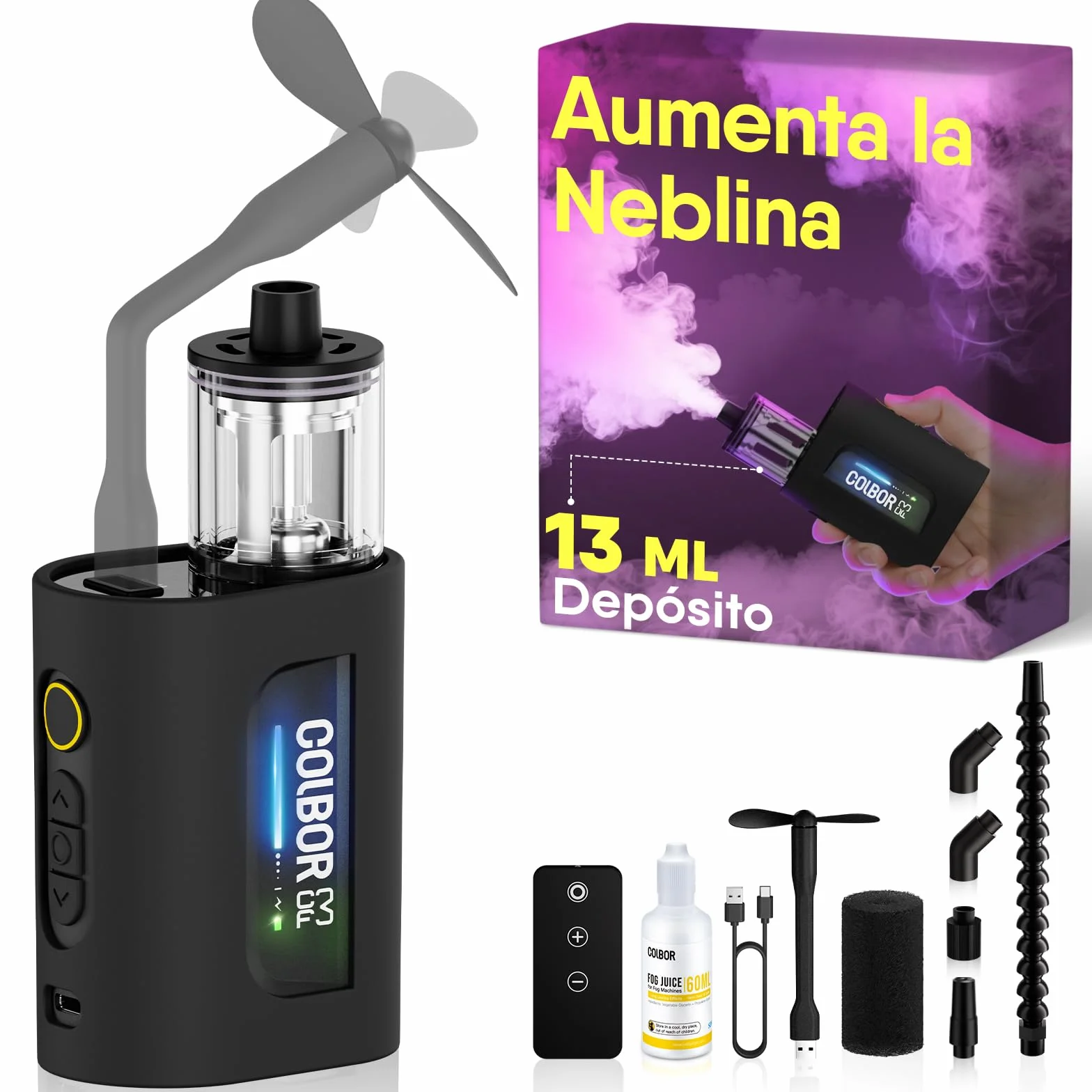 Máquina de Humo Portátil con Control Remoto, COLBOR CF3 Mini Máquina de Niebla de Mano con Protección contra Inclinación de 60°, Generador de Niebla para Fotografía Fiestas Escenas Cosplay Halloween