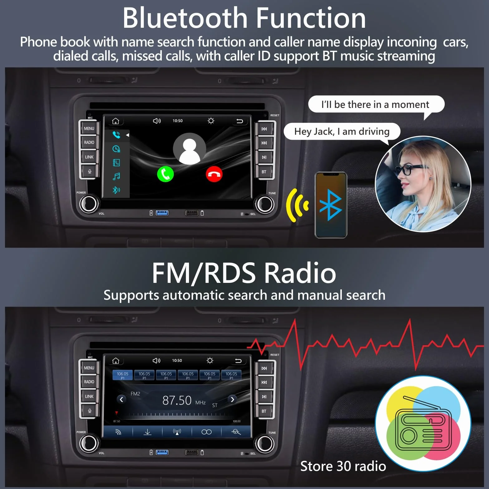 [Versión Fluidez] Radio de automóviles VW Golf 5 6 Polo T5 Tiguan Skoda Passat Jetta Caddy CC Polo Touran Carplay & Android Auto, 7 Pulgadas Pantalla Táctil con/Bluetooth/FM/Am Radio/USB/DPS/RDS