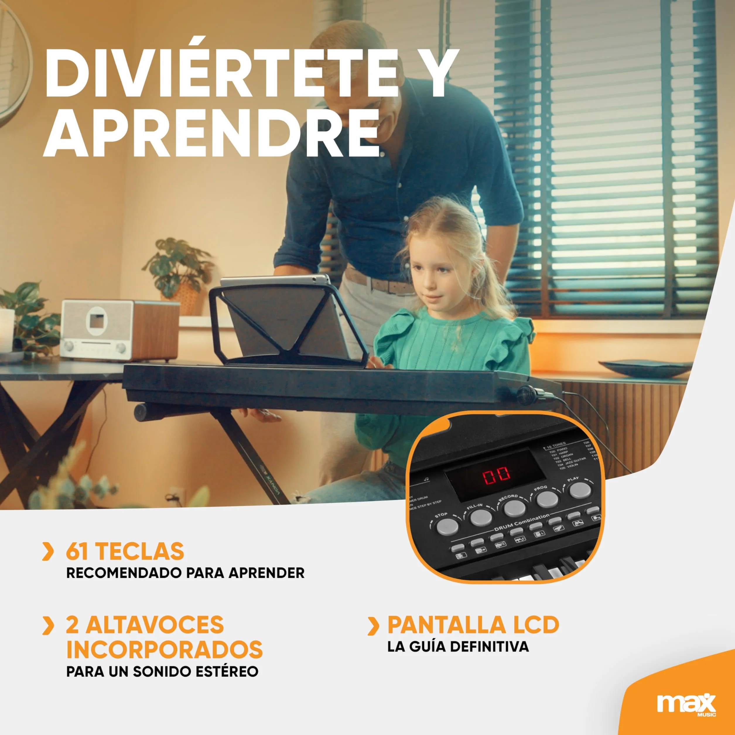 MAX KB15 - Teclado piano con 61 teclas, con micrófono, soporte para teclado y auriculares, autonomía de 8 h, pantalla LCD, 70 canciones, ideal para principiantes, 26 sonidos, 8 percusiones, USB-C