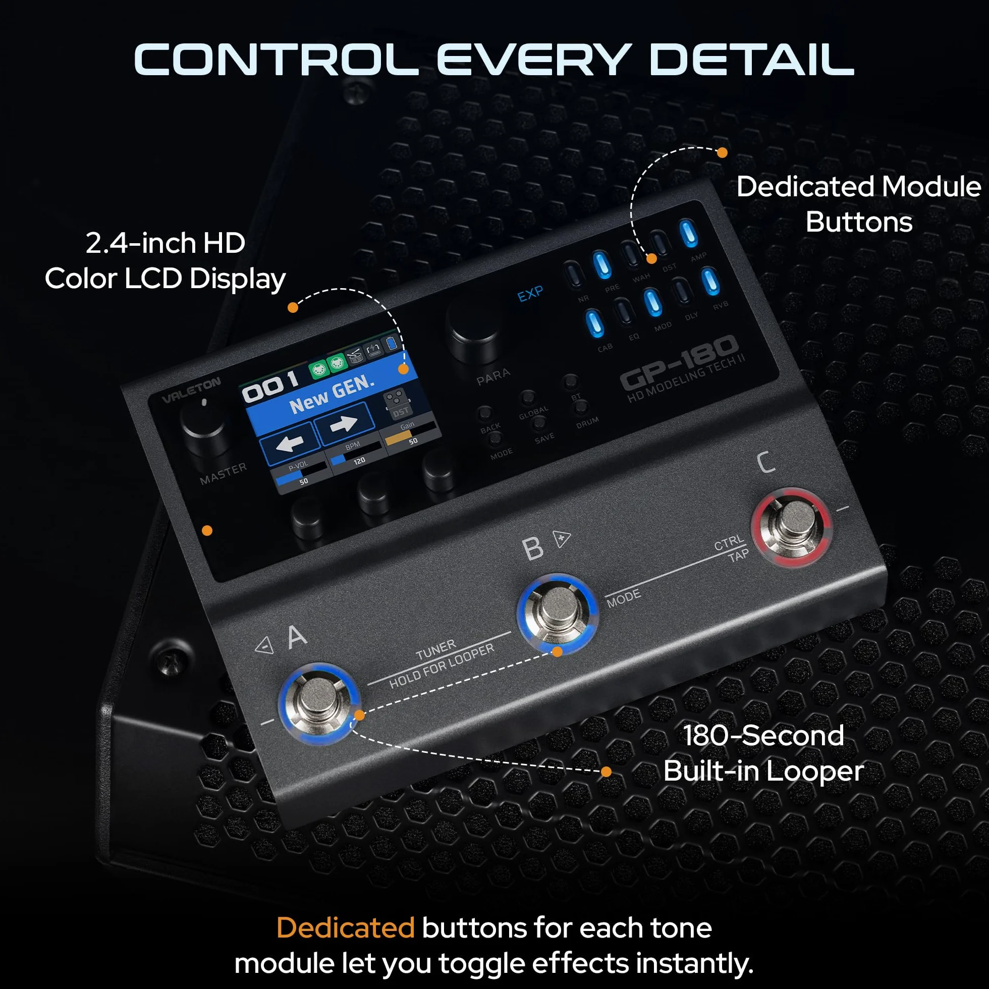 Valeton GP-180 - Procesador multiefecto para guitarra, más de 200 efectos, modelado NAM SnapTone, cargador IR, Looper, caja de ritmos, interfaz de audio USB, Bluetooth MIDI, 3 pedales con interruptor