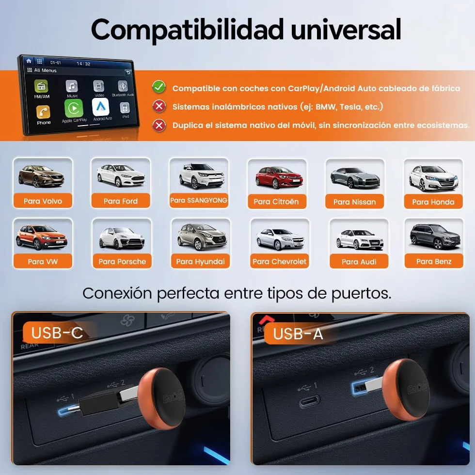 Carlinkit Mini Ultra 3 Wireless CarPlay Adaptador, Adaptador de coche Android inalámbrico, convierte OEM con cable a inalámbrico, USB A/C Plug & Play, conexión automática, actualización OTA, naranja