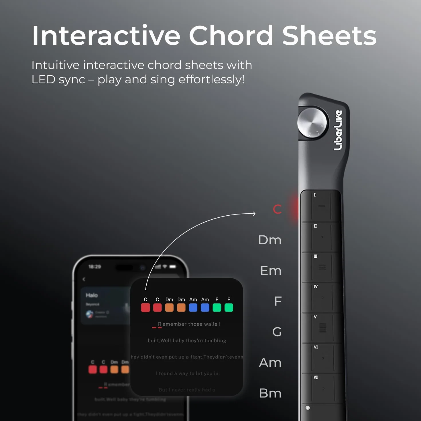 LiberLive C1 Stringless Smart Guitarra, Travel Backup guitarra plegable, generador de acordes, App Interactive Accords Blades, Tambor incorporado y línea de bajo