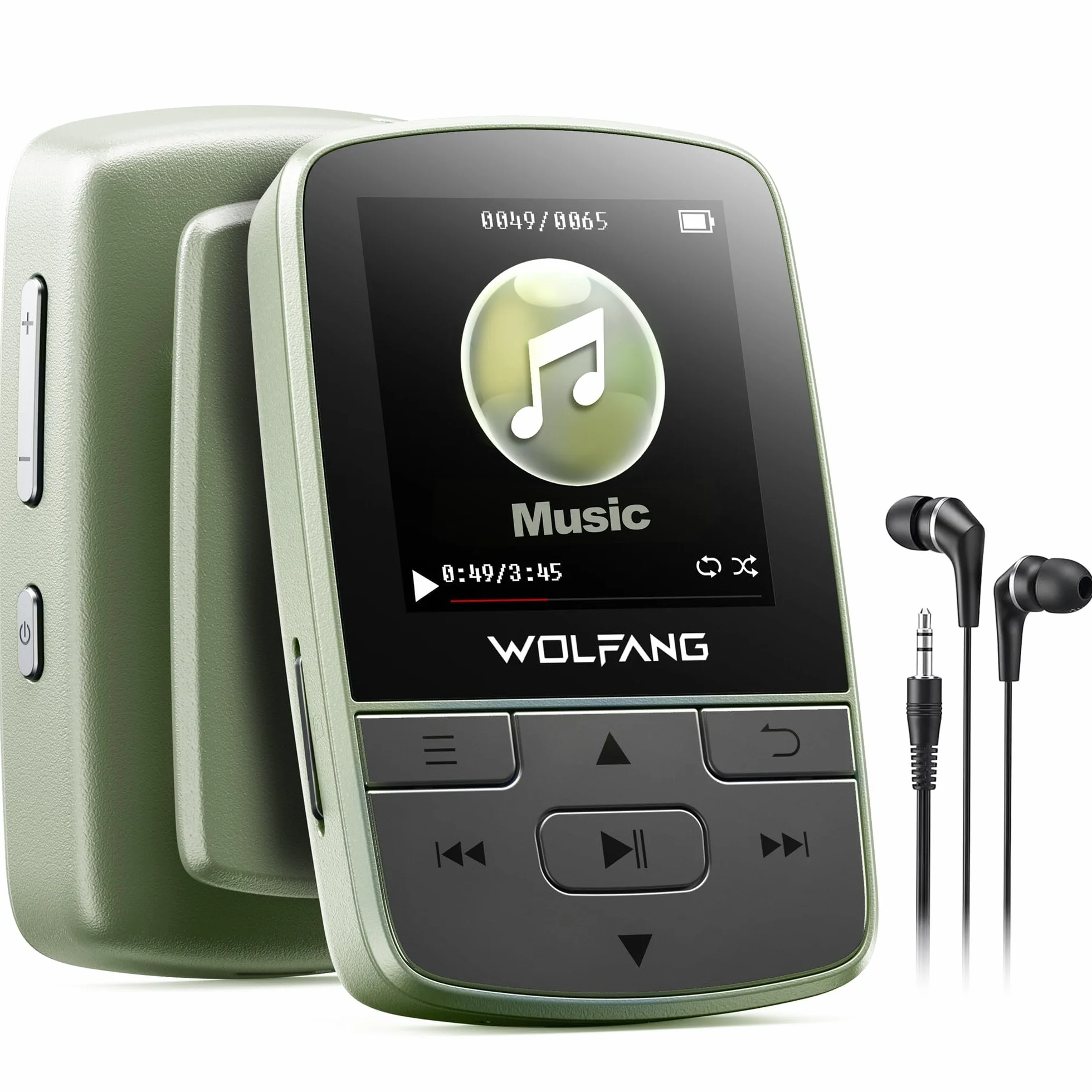 WOLFANG Reproductor MP3 Bluetooth 5.2 Clip Deportivo Mini 1 Onza TF 128 GB Radio FM Grabadora Auriculares Verde Militar