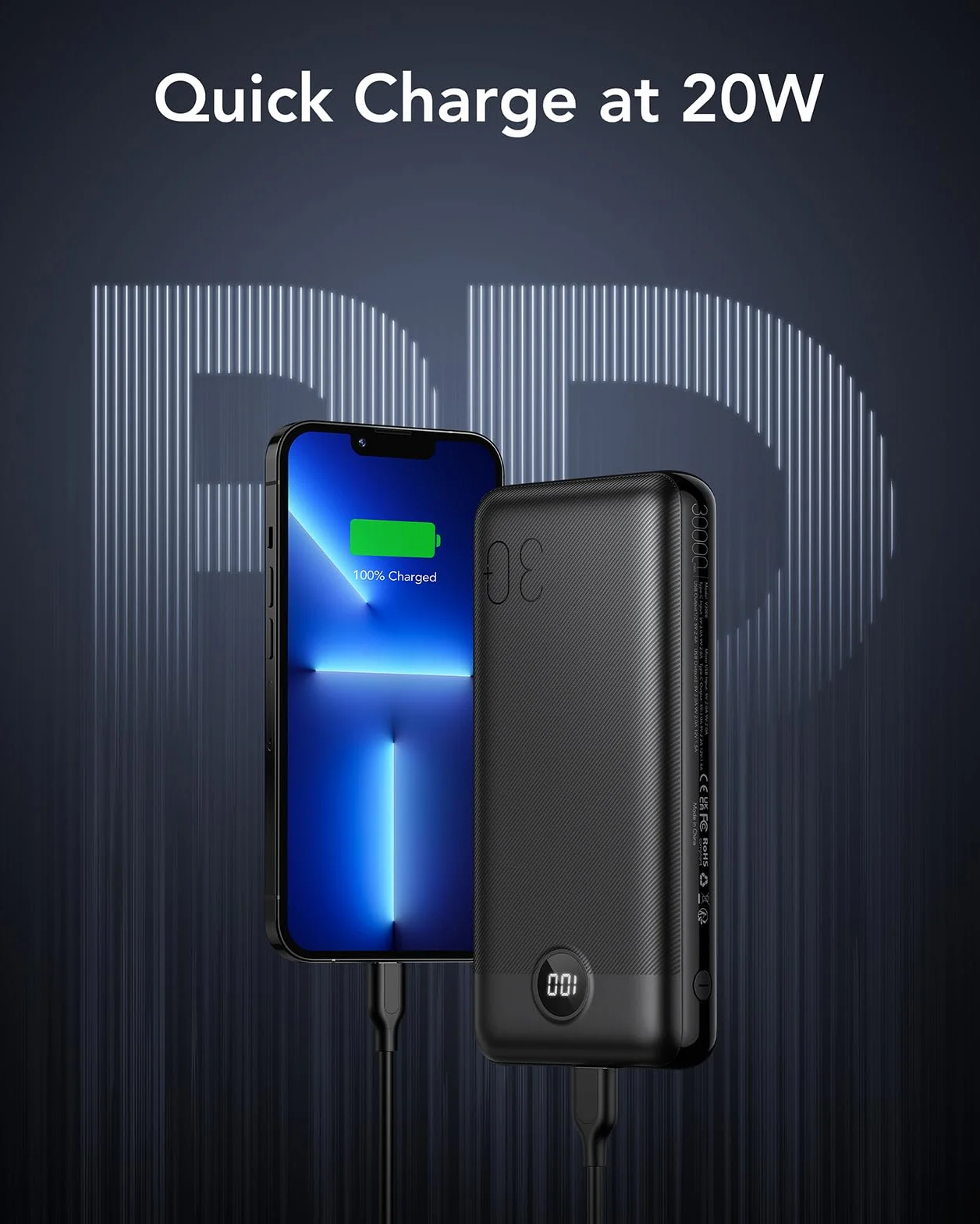 VEGER Batería Externa Carga Rápida 30000mAh, Power Bank 20W con 4 Salidas y 2 Entradas, Batería Portátil USB C con Pantalla LED, Cargador Portátil para iPhone, iPad, Samsung, Android, Tablets y más