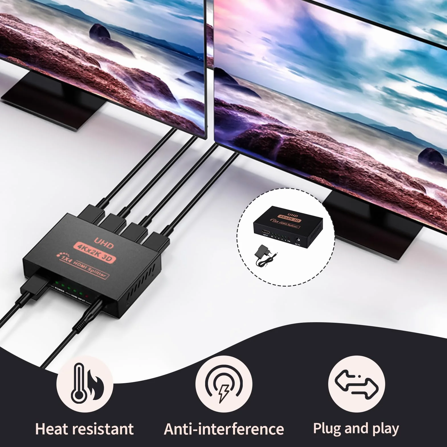 Splitter HDMI 1x4 4K 60Hz 3D, Duplicador HDMI 1 Entrada 4 Salidas 1080P 2K