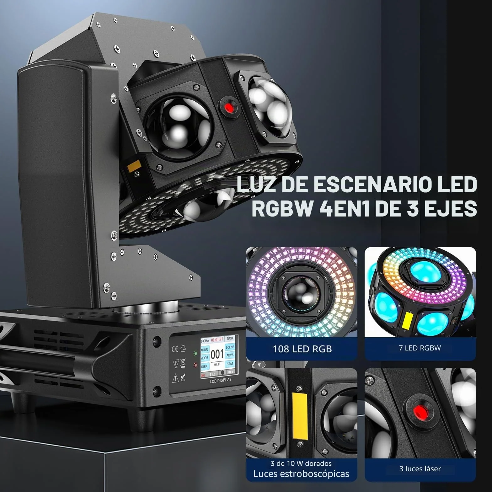 200W Cabeza Movil LED RGBW Beam Luz de Escenario Focos móviles para Disco Fiesta Casa Bar iluminación