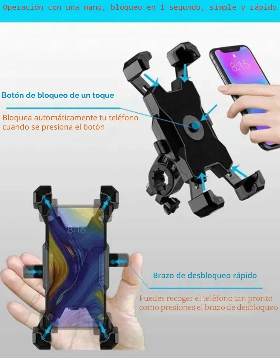 Soporte Universal Móvil Bicicleta Moto 360° Rotación Manillar para iPhone Samsung Galaxy Huawei Xiaomi Oppo