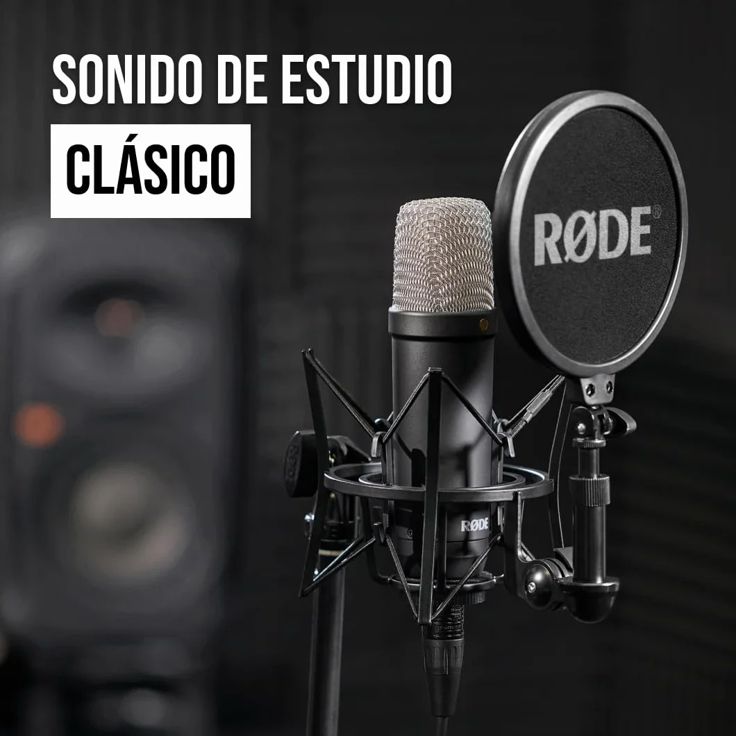RØDE NT1 Signature Series micrófono de condensador de gran diafragma de la con soporte antivibraciones, filtro antipop y cable XLR para producción musical, grabación de voz y podcasting (Negro)