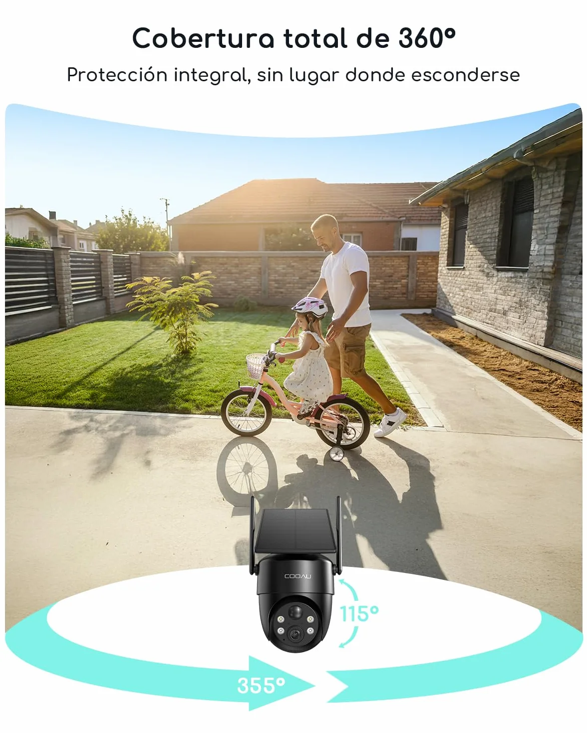 COOAU 2K Camara Vigilancia WiFi Exterior Solar,Carga en Días Nublados,Fácil Instalación,Camaras vigilancia Domicilio WiFi con 360° PTZ,Visión Nocturna en Color,Audio Bidireccional,Alarma PIR,IP66