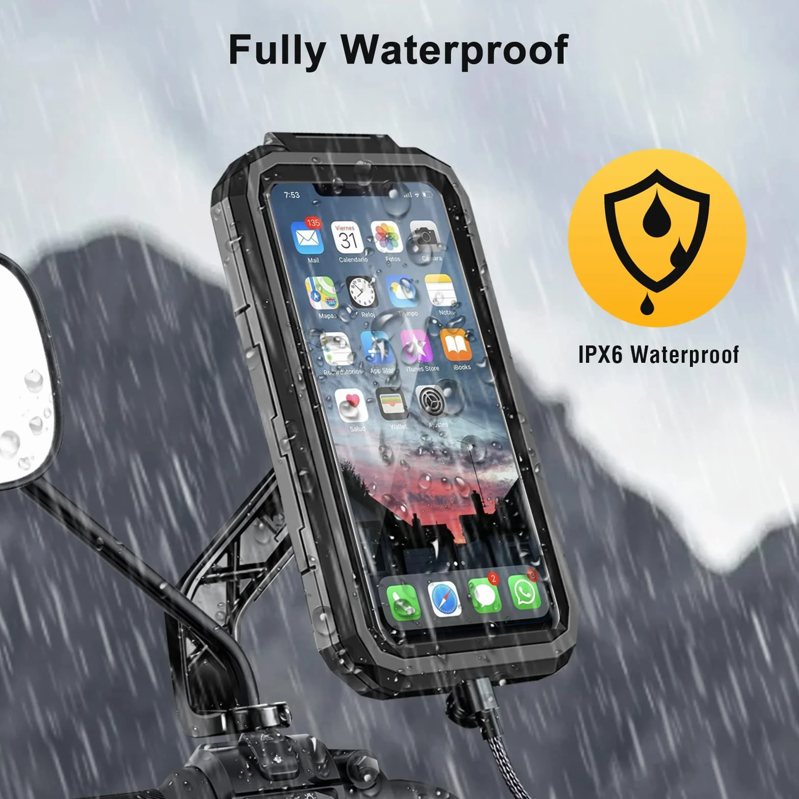 Soporte Móvil Moto Impermeable 360° Rotación para Smartphone Motocicleta Negro L