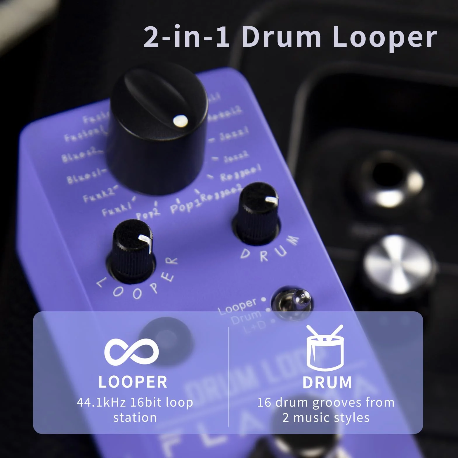 FLAMMA FC01 Looper - Máquina de tambor 2 en 1, pedales de guitarra Looper de batería, 20 minutos de tiempo de bucle con 16 ranuras de tambor, tempo de grifo, mini pedal de efectos de guitarra de 44.1