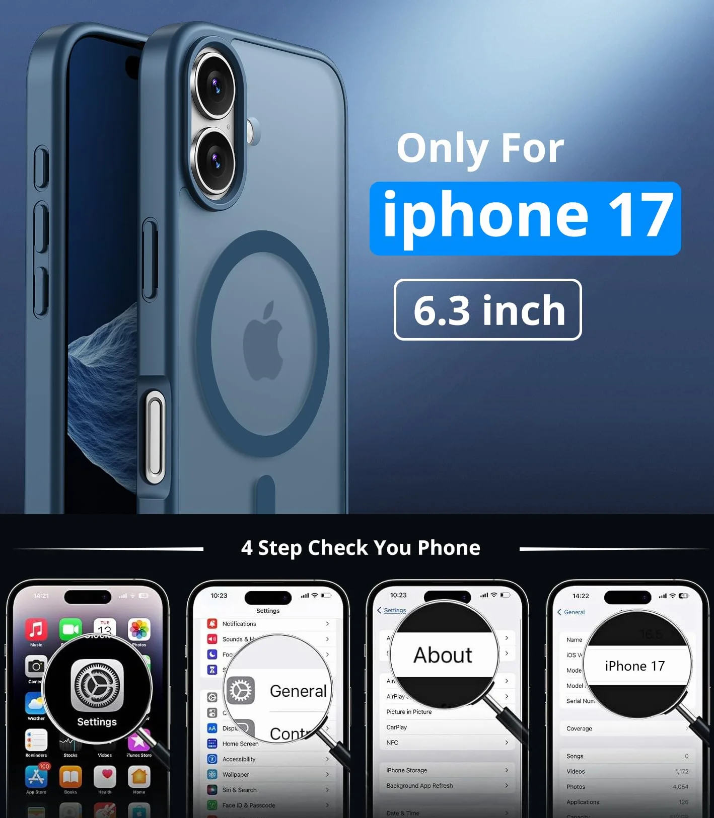 Vansdon Funda Magnética para iPhone 17 con 1 Piezas Cristal Templado, Compatible con Magsafe, Protección contra caídas de Grado Militar, Carcasa Respaldo Translúcida Mate Slim Antigolpes-Azul Oscuro
