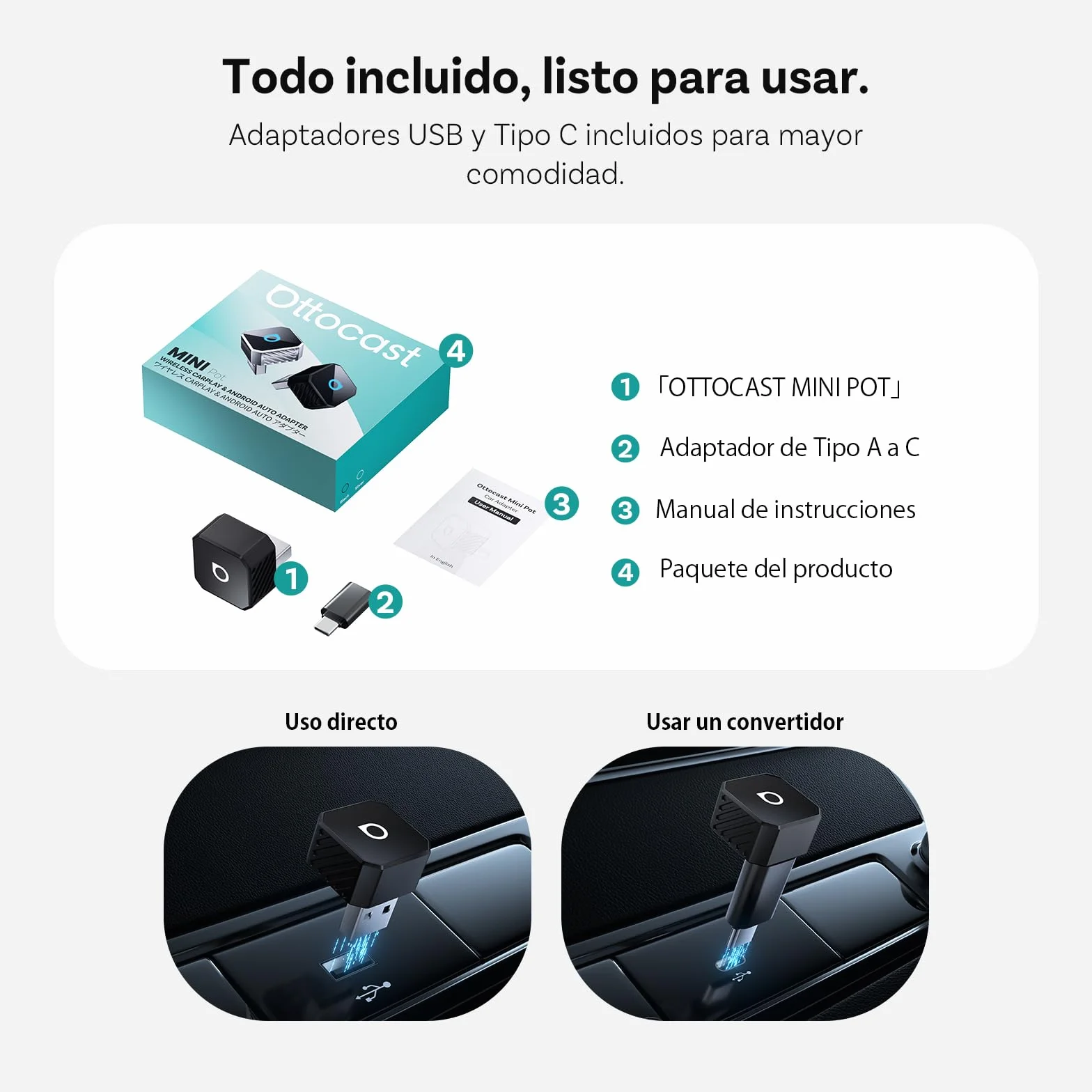 OTTOCAST Mini Pot 2026, Adaptador inalámbrico 2 en 1 para CarPlay y Android Auto, Compatible iOS 10+/Android 11+ y Coches con Carplay Desde 2016, Plug & Play, USB-A/Tipo C, Actualización OTA, Negro