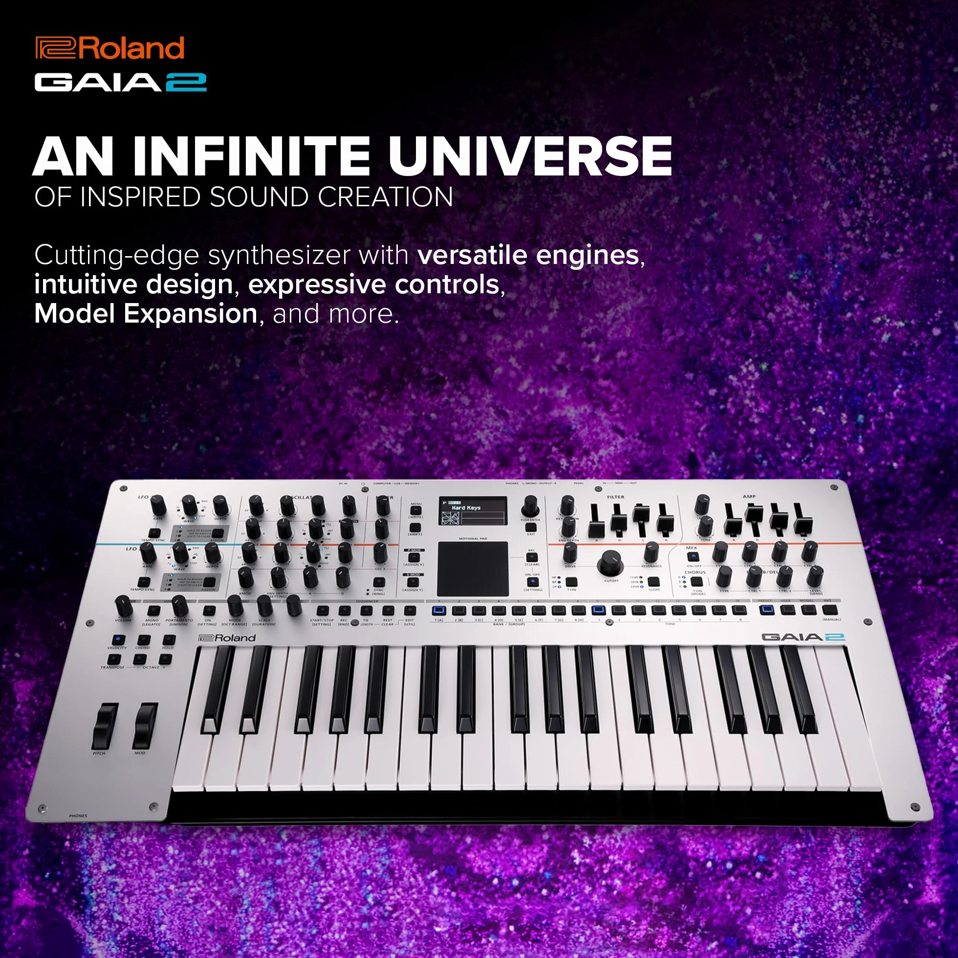 Sintetizador Roland GAIA 2 con prestaciones sonoras avanzadas | Generador de sonido híbrido que combina síntesis de tabla de ondas y virtual analógica | Motional Pad integrado