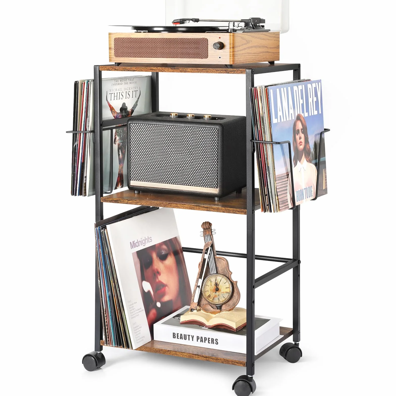 Bikoney Tocadiscos Almacenamiento, Laminación Mesa Auxiliar con Grande Soporte Tocadiscos, Reproductor Vinilo de Hasta 150 álbumes, Soporte Plato Giratorio con 2 Visualización de Vinilo