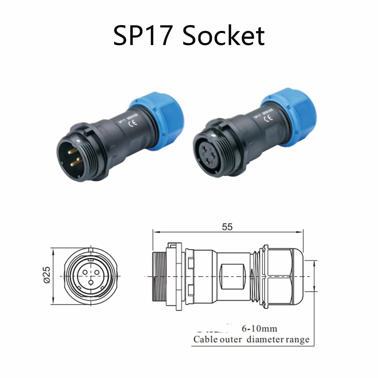 2 conectores SP17 de 2 pines - Conector de aviación macho y hembra - Conector de cable IP68 - 2 pines - para lámparas exteriores - 500 V 10 A