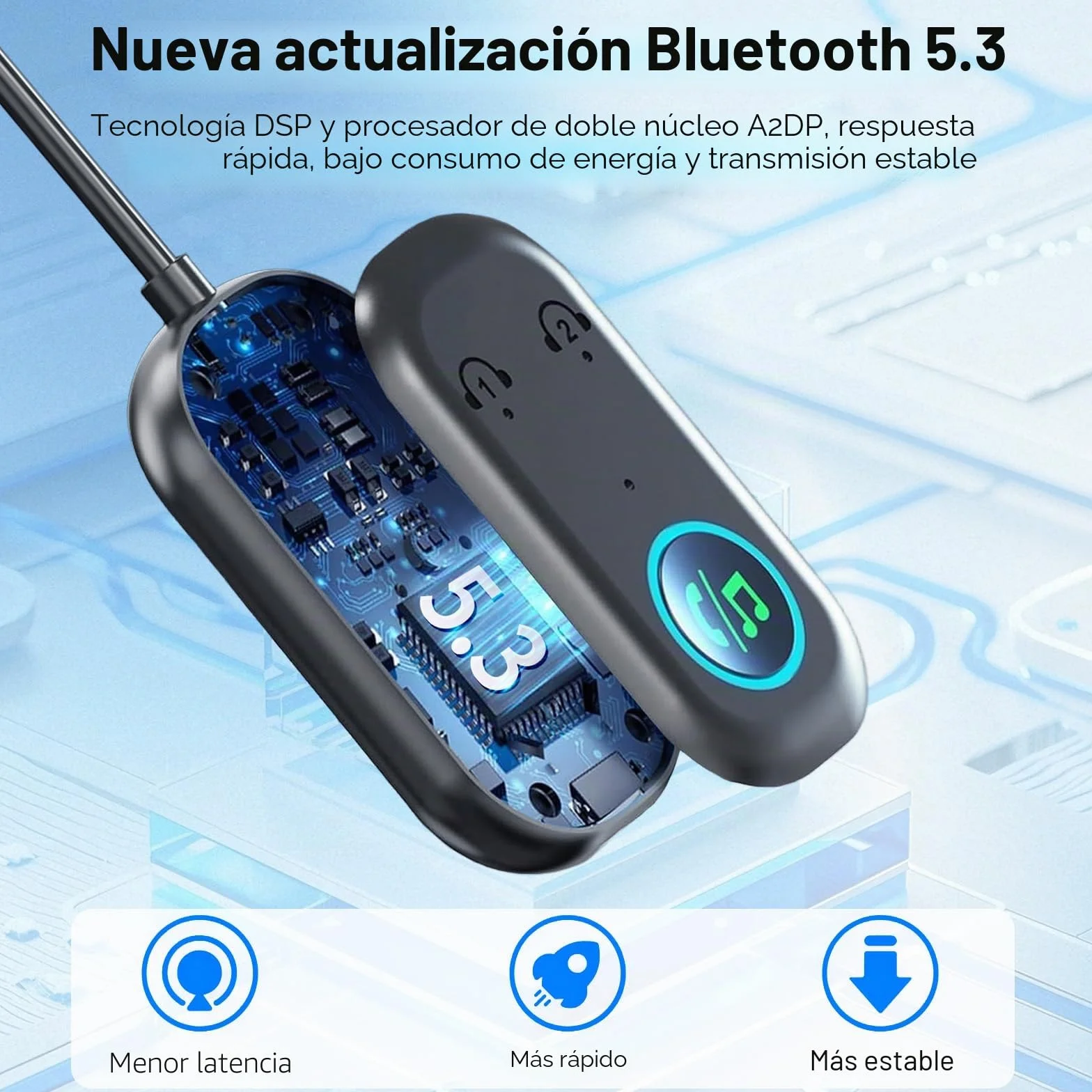 Transmisor Receptor Bluetooth 5.3,2 en 1 Transmisor Bluetooth Jack 3.5mm,receptor bluetooth jack 3.5mm Soportes para 2 AirPods/auriculares,adaptador bluetooth para TV/Avión/Coche/Auriculares/Altavoces