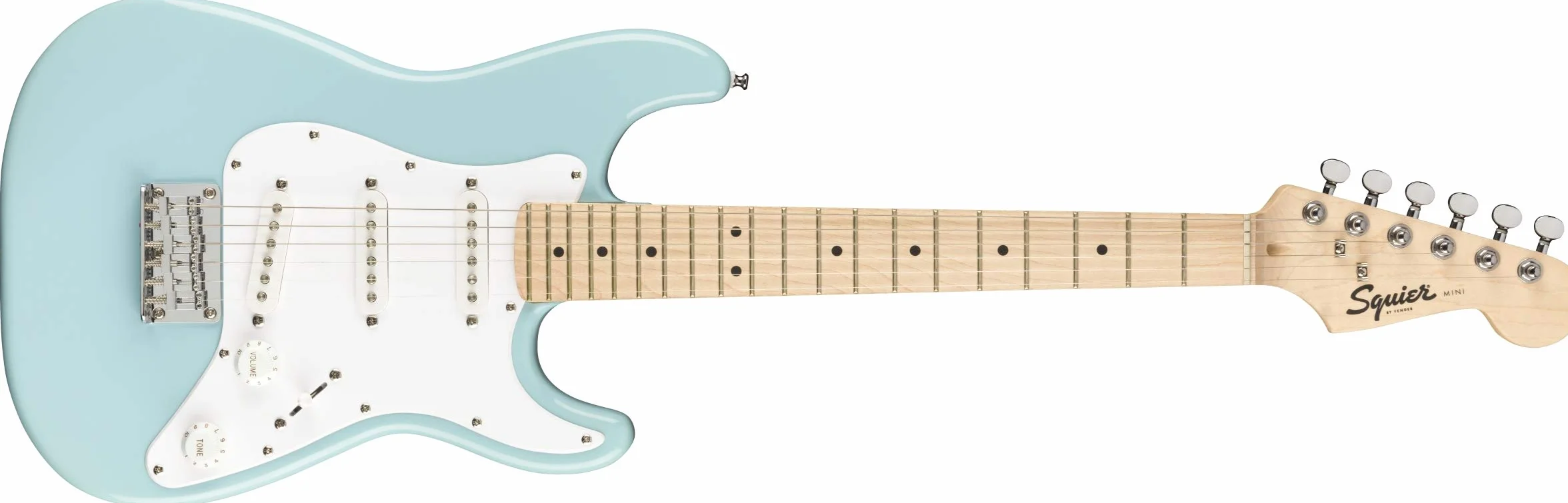 Pack de guitarra eléctrica Fender FSR Squier Electric Mini Stratocaster, color azul Daphne, ideal para principiantes. Incluye amplificador, cable, correa, púas y afinador de pinza.