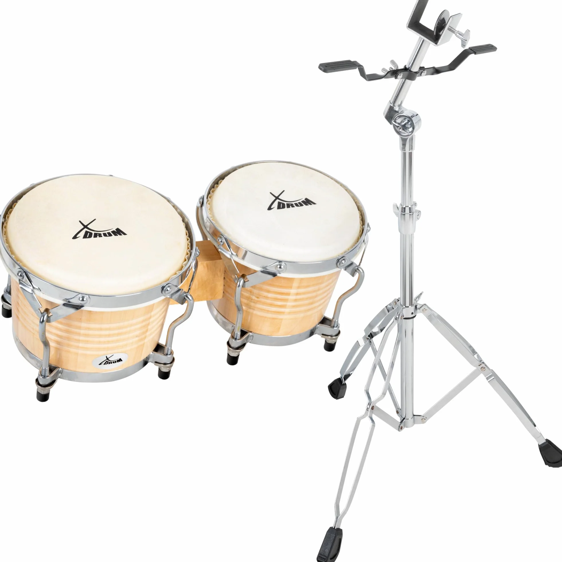 XDrum Bongos Pro Natur - 2 tambores con diámetros de 6,5" (17 cm) y 7,5" (20 cm) - Bongos con parches naturales afinables, llave de afinación y soporte - Tambores de madera en color natural