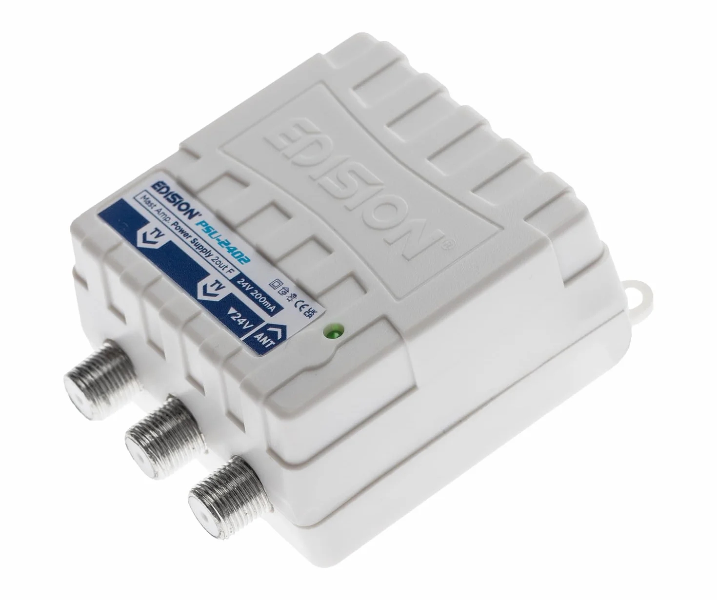 EDISION MAK-100 Kit: Amplificador Antena TV de mástil 1UHF, 10-25db, 107dBmV, 24V, para Digital Terrestre DVB-T/T2, con Filtro 5G LTE, + Fuente de Alimentación 24V 200mA F 2 Salidas