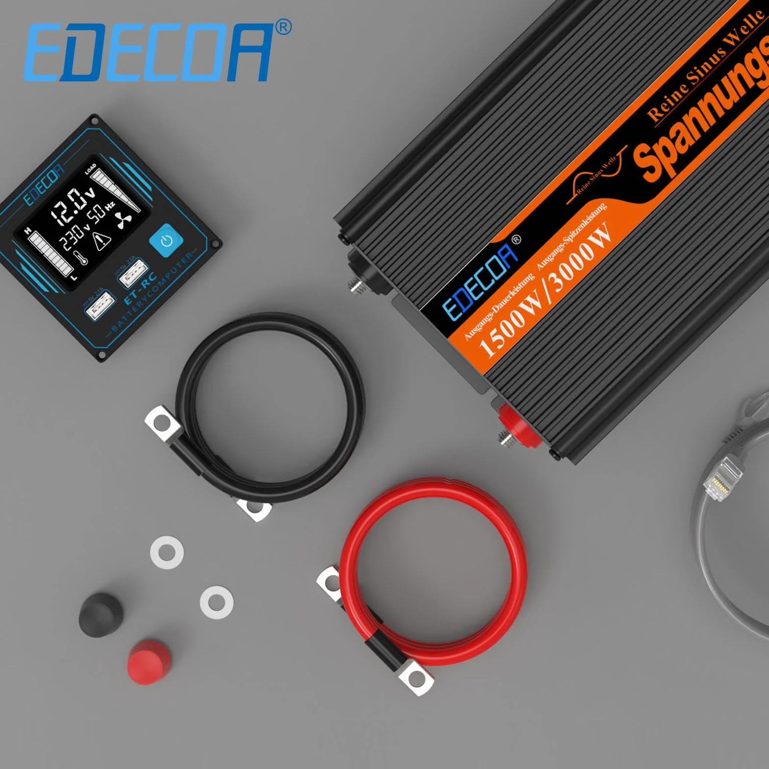 EDECOA inversor 12v 220v Onda Pura 1500w Transformador de Corriente Onda Pura con Mando a Distancia, USB y Pantalla LCD (3ª Generacion)
