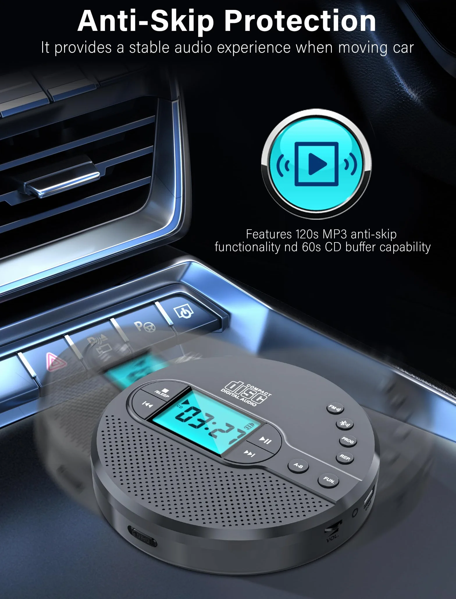 Reproductor de CD con transmisor FM Bluetooth, pantalla LCD, 2000 mAh recargable, gris claro