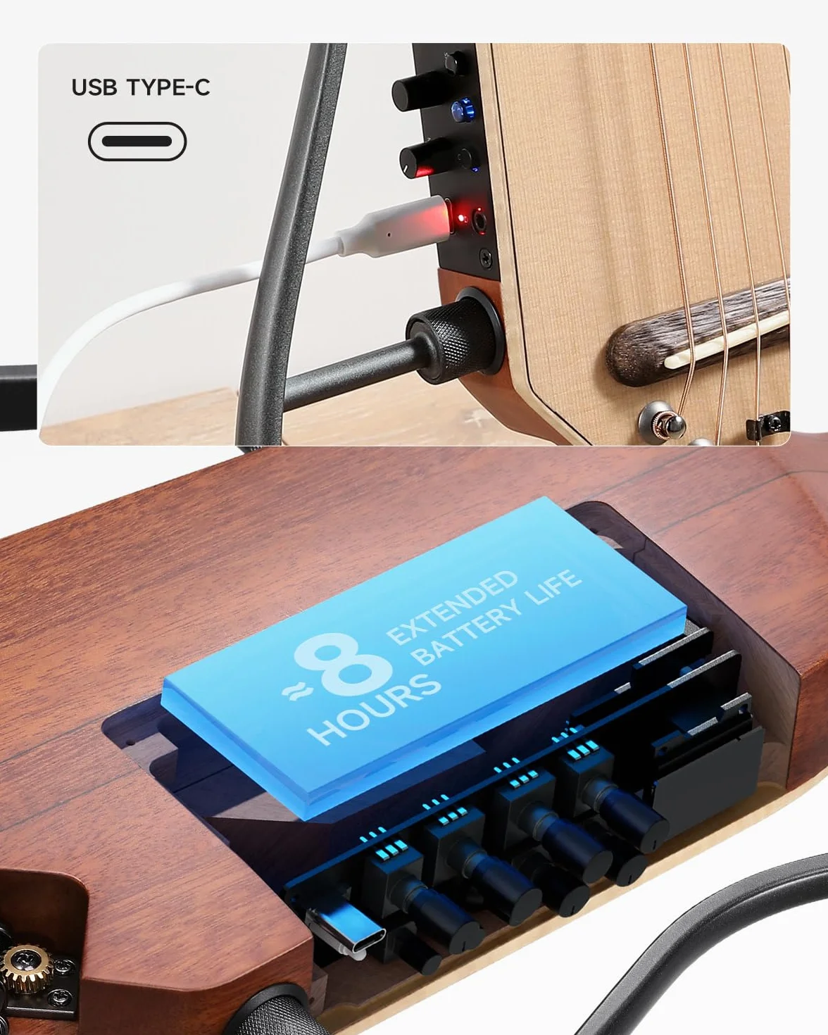 Donner Guitarra eléctrica acústica HUSH I PRO Guitarra de viaje con múltiples modos de efecto, kit de guitarra inteligente de auriculares, bolsa de concierto, correa, cable de carga